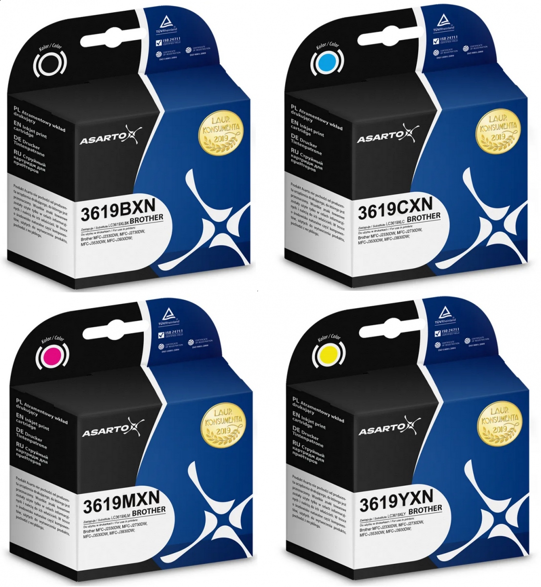 Zestaw Cmyk 4x Tusz Asarto do Brother LC3619XLBK 3,0k LC3619XL Cmy 3x 1,5k