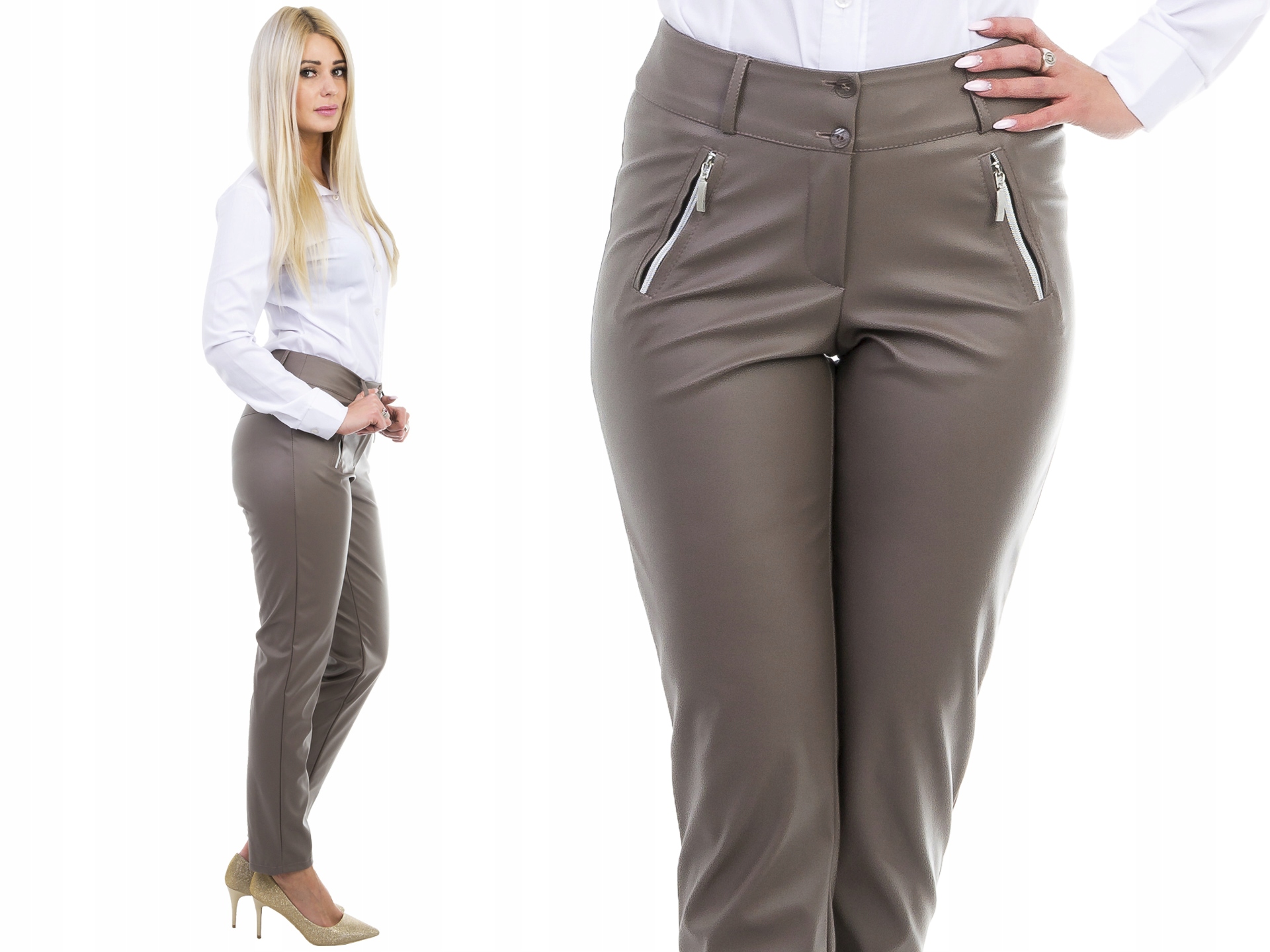 

S145 Spodnie Rurki Zamki Eko Skóra Brązowy r. 38