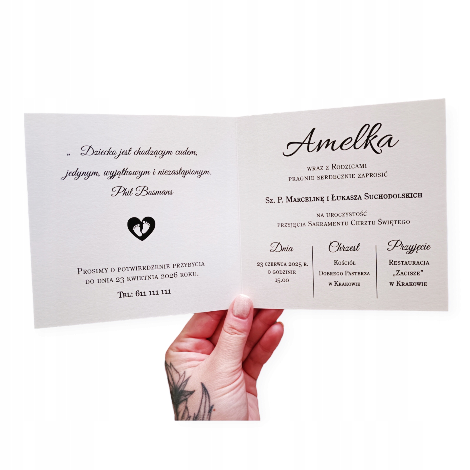 Zaproszenia na Chrzest błyszczący Złoty napis, Personalizacja Szerokość produktu 13.5 cm