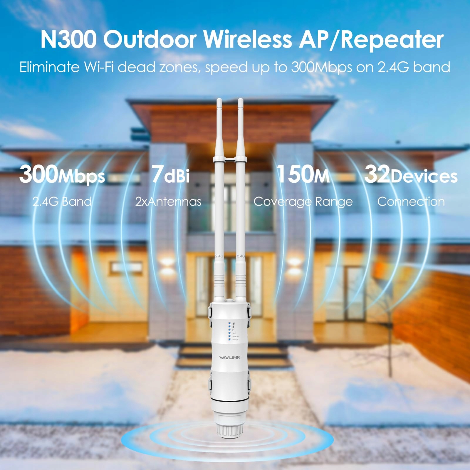 WAVLINK N300 Zewnętrzny Wzmacniacz WLAN 300Mbit/s PoE AP Router Repeater — miniatura 3