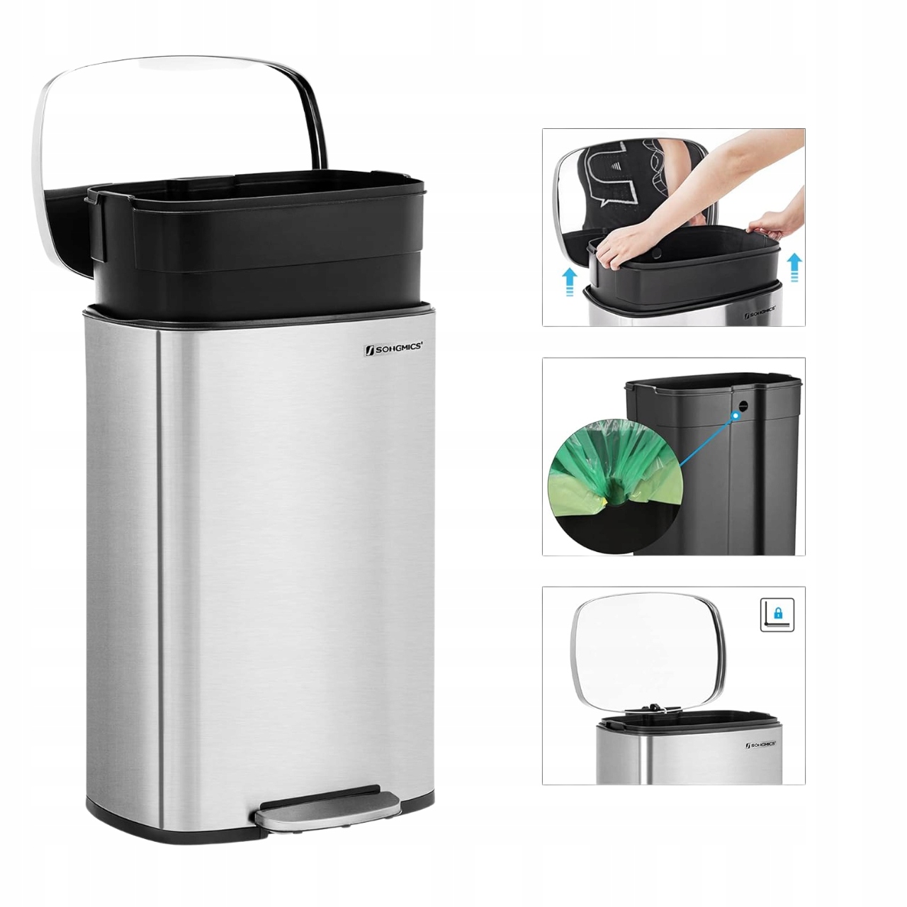 Odpadkový koš 50 l, jednokomorový, soft close, pedál, Stříbrný