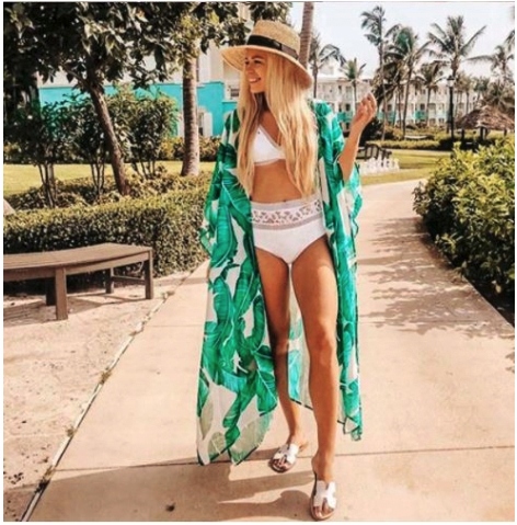 PAREO ZIELONE LIŚCIE PRINT NARZUTKA NA STRÓJ MAXI Wzór dominujący print (nadruk)