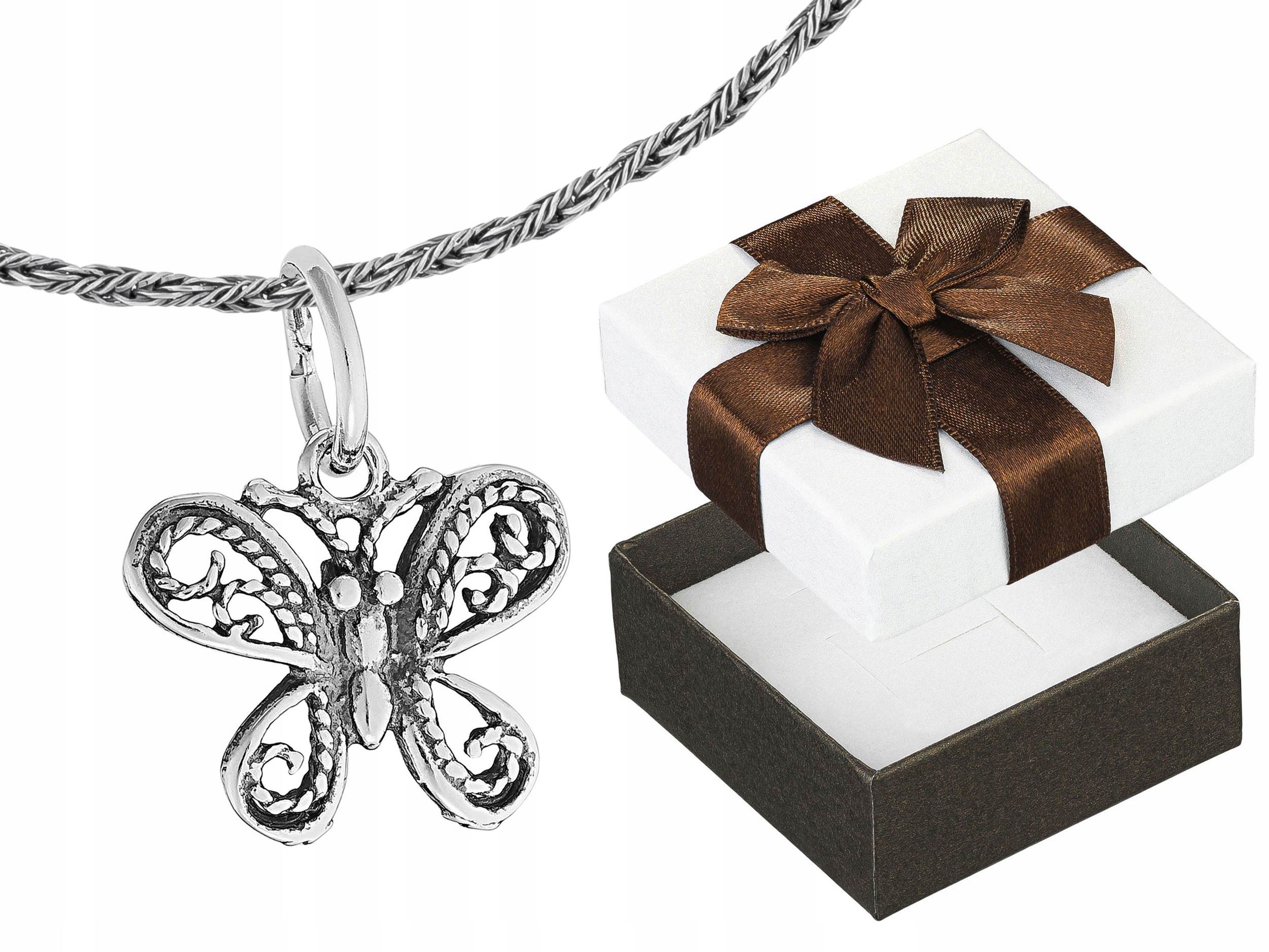 Dlouhý Stříbrný Oxidovaný Prolamovaný Malý Dámský Náhrdelník Motýl Stříbro 50 cm