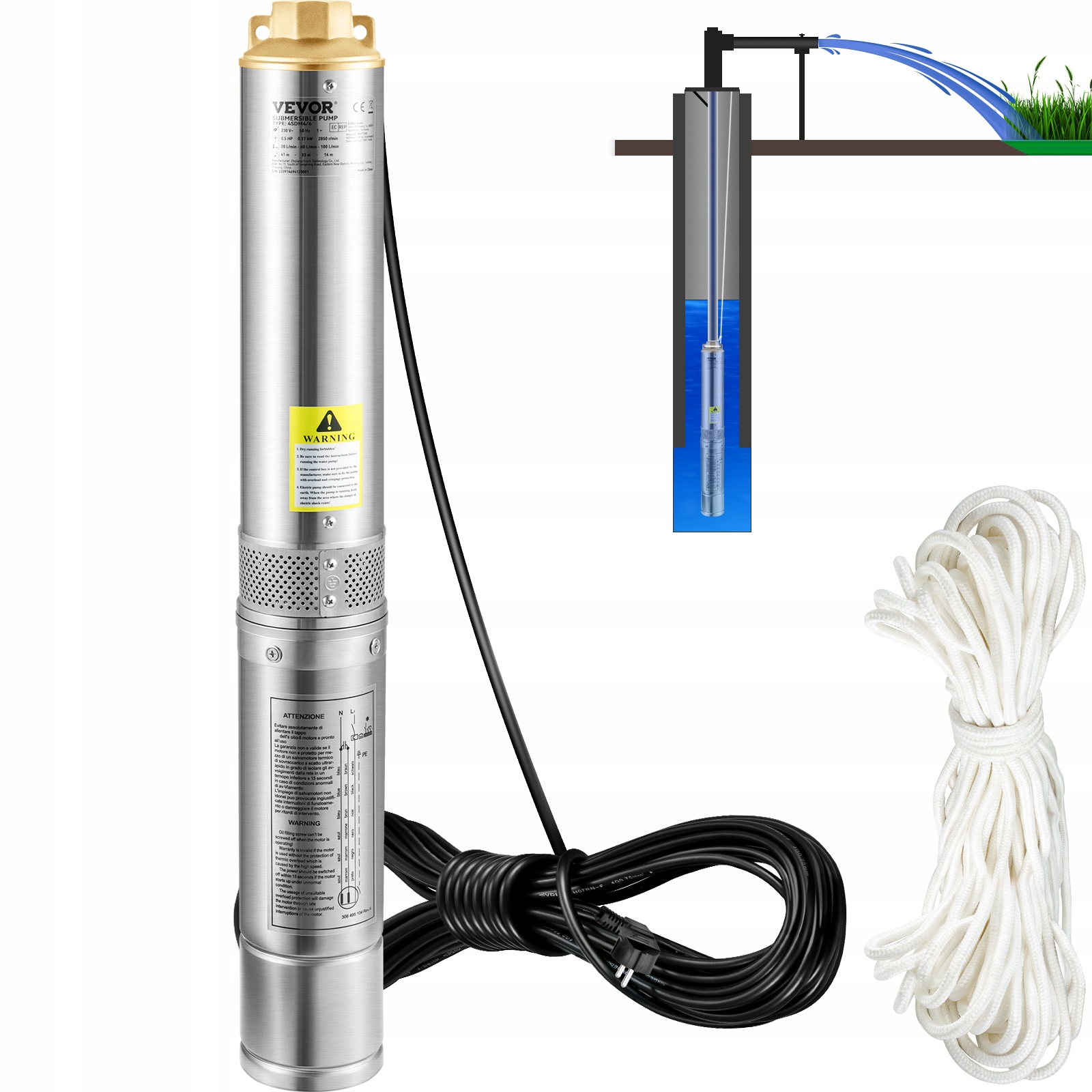 Vevor Pumpa Do Hlbinných Studní 750W 100L Min Nerezová Oceľ IP68 Výkonná