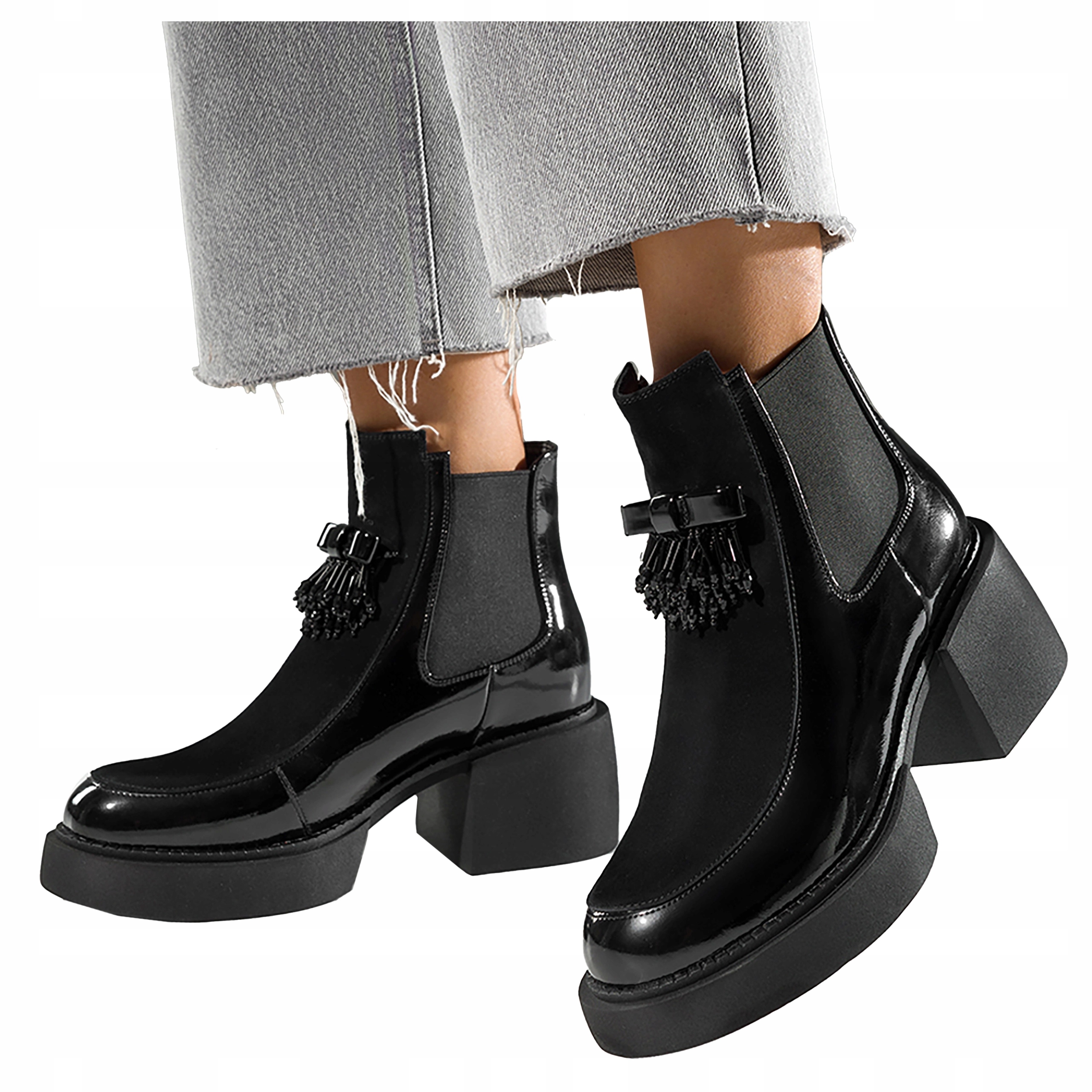 Černé Kožené dámské kotníkové boty Lakované na širokém podpatku Klocku, velikost 39