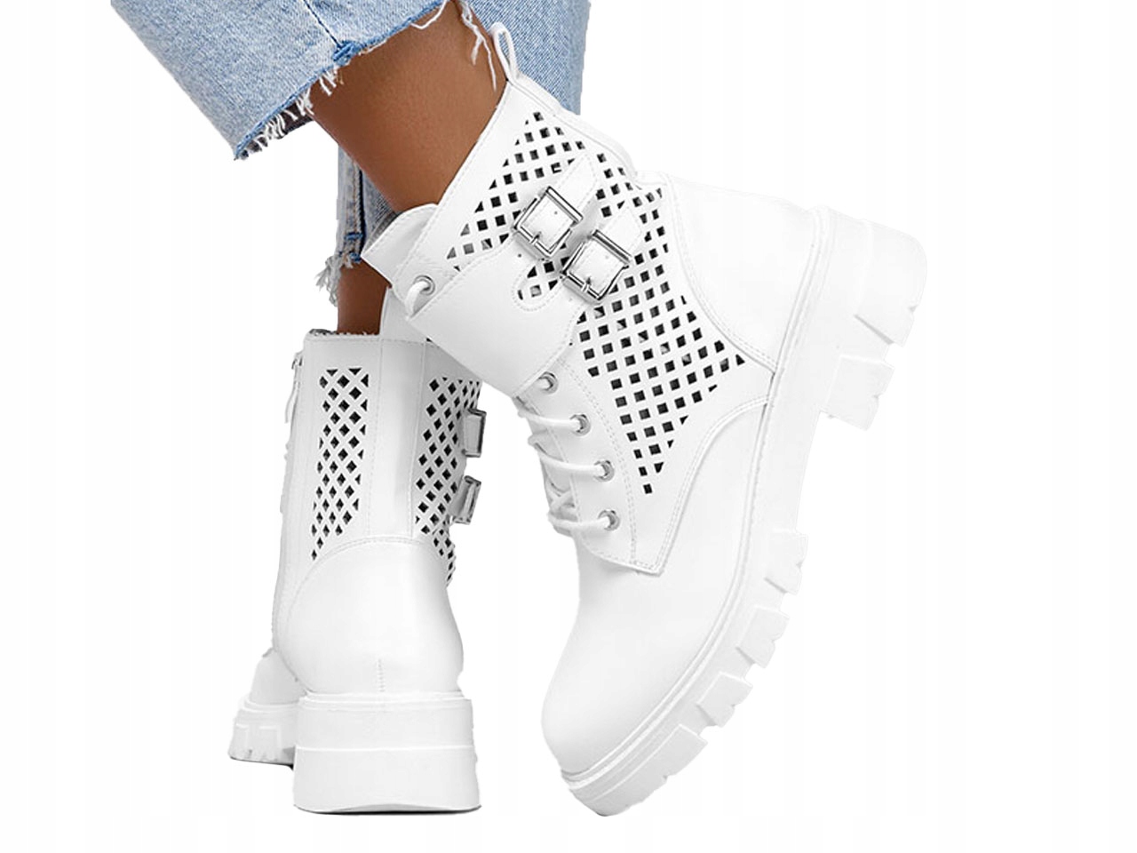 BOTKI DAMSKIE WORKERY AŻUROWE MODNE OBUWIE KLAMRY PLATFORMA r 41