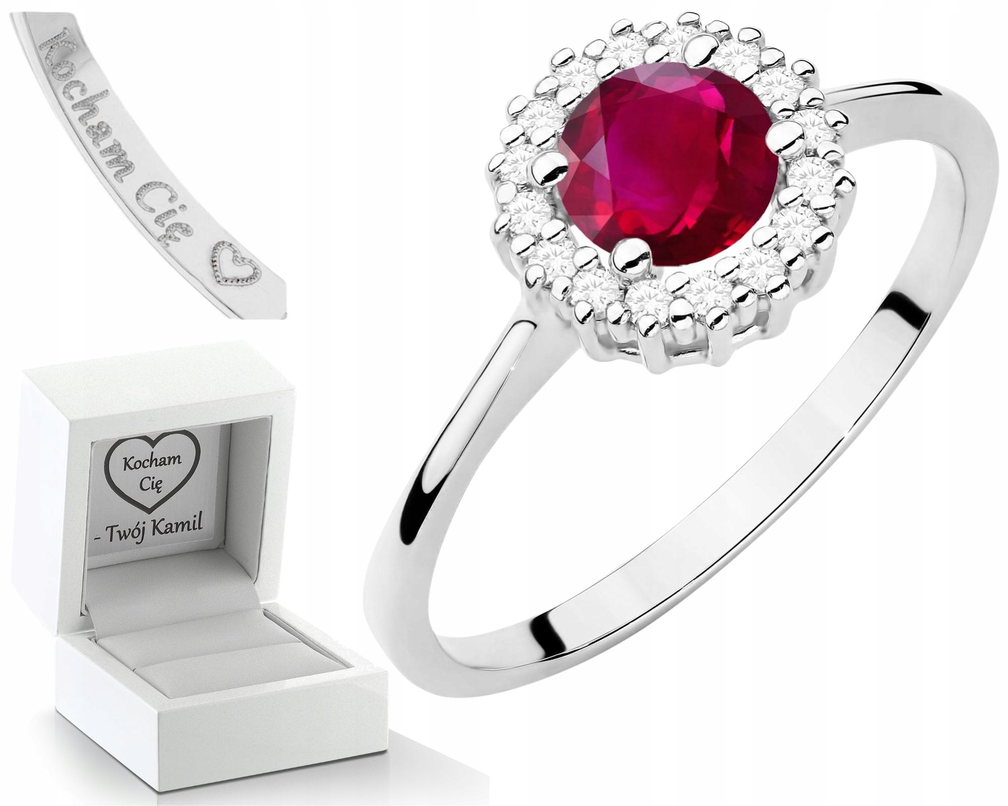 Bílý Prstýnek Rubín A Diamanty Gravírování Bonus , Dárek 585