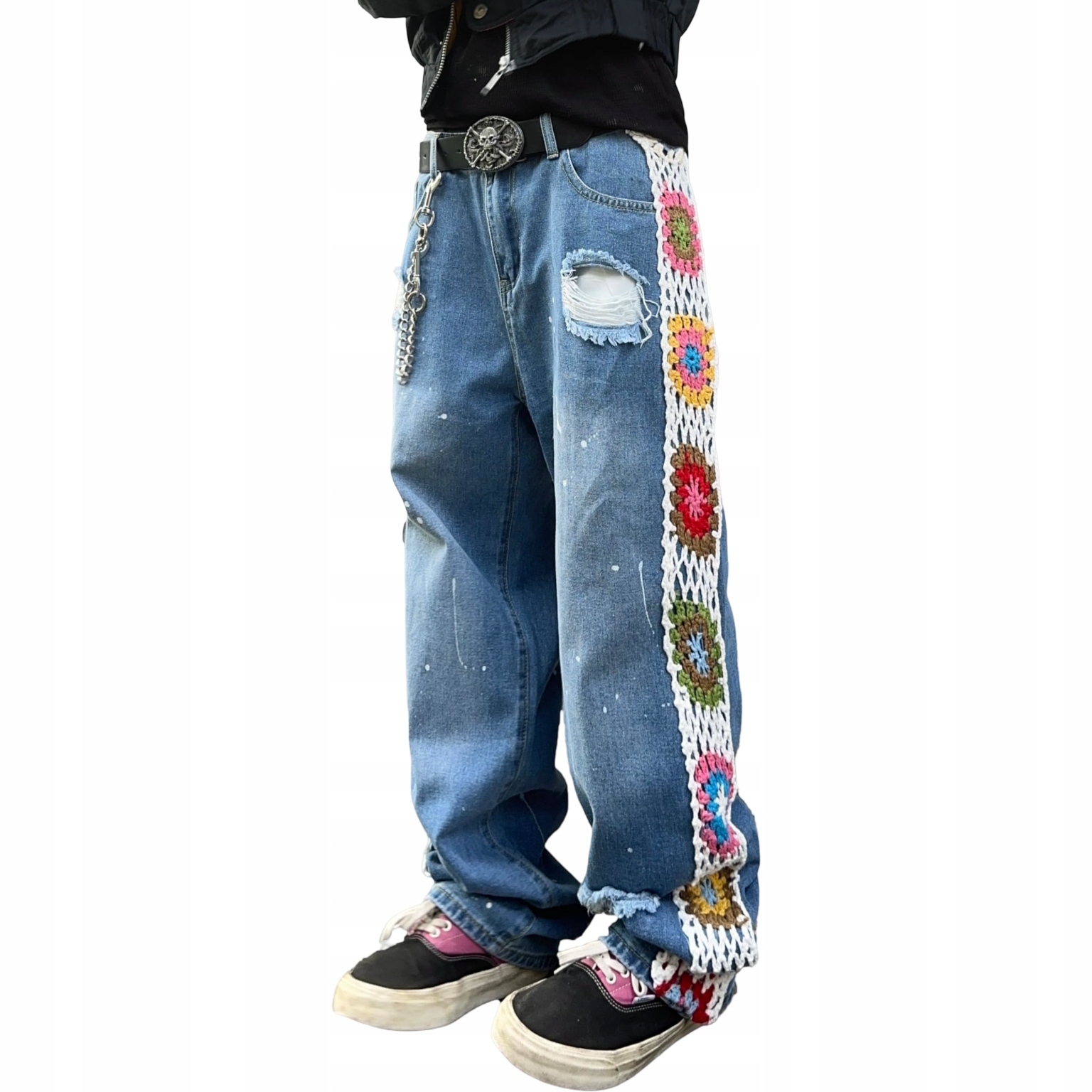 Pánské džíny Široké nohavice Roztrhané, vyšívané Y2K, modré, M