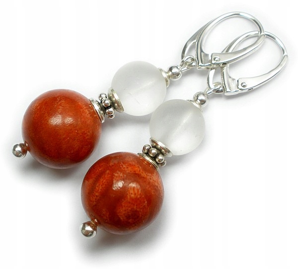 Stříbrné Náušnice Přírodní korál Křišťál Horský