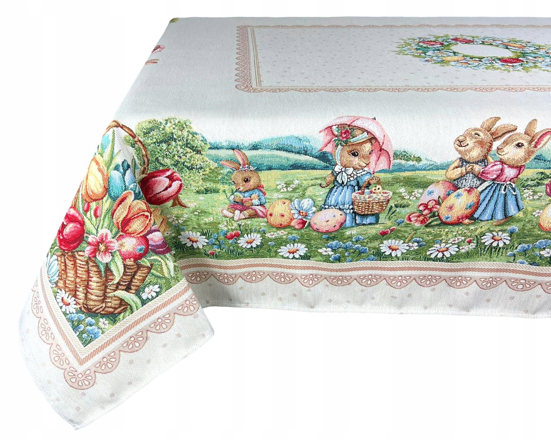 Gobelínový Ubrus 140X140 Králíčci Kraslice Květiny Béžová Velikonoční Svátky