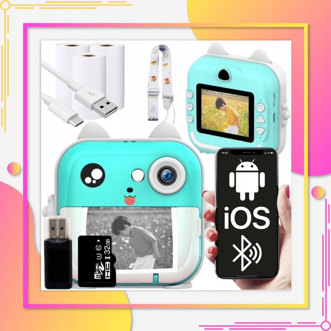 APARAT NATYCHMIASTOWY DLA DZIECI DRUKUŚ DRUKARKA Z KARTA 32GB + 3 ROLKI Rozmiar aparatu standardowy