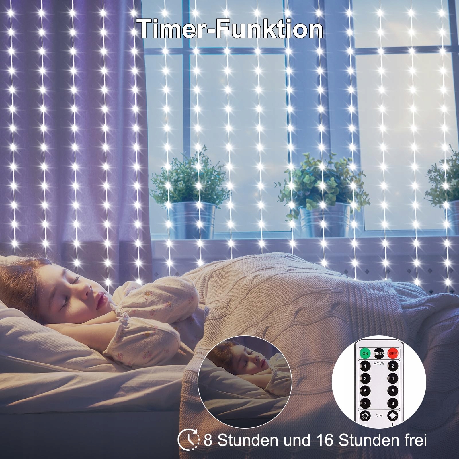 DBFAIRY Kurtyna Świetlna Girlanda Ozdobna Lampki 200LED 2x2m 8 Trybów — miniatura 6