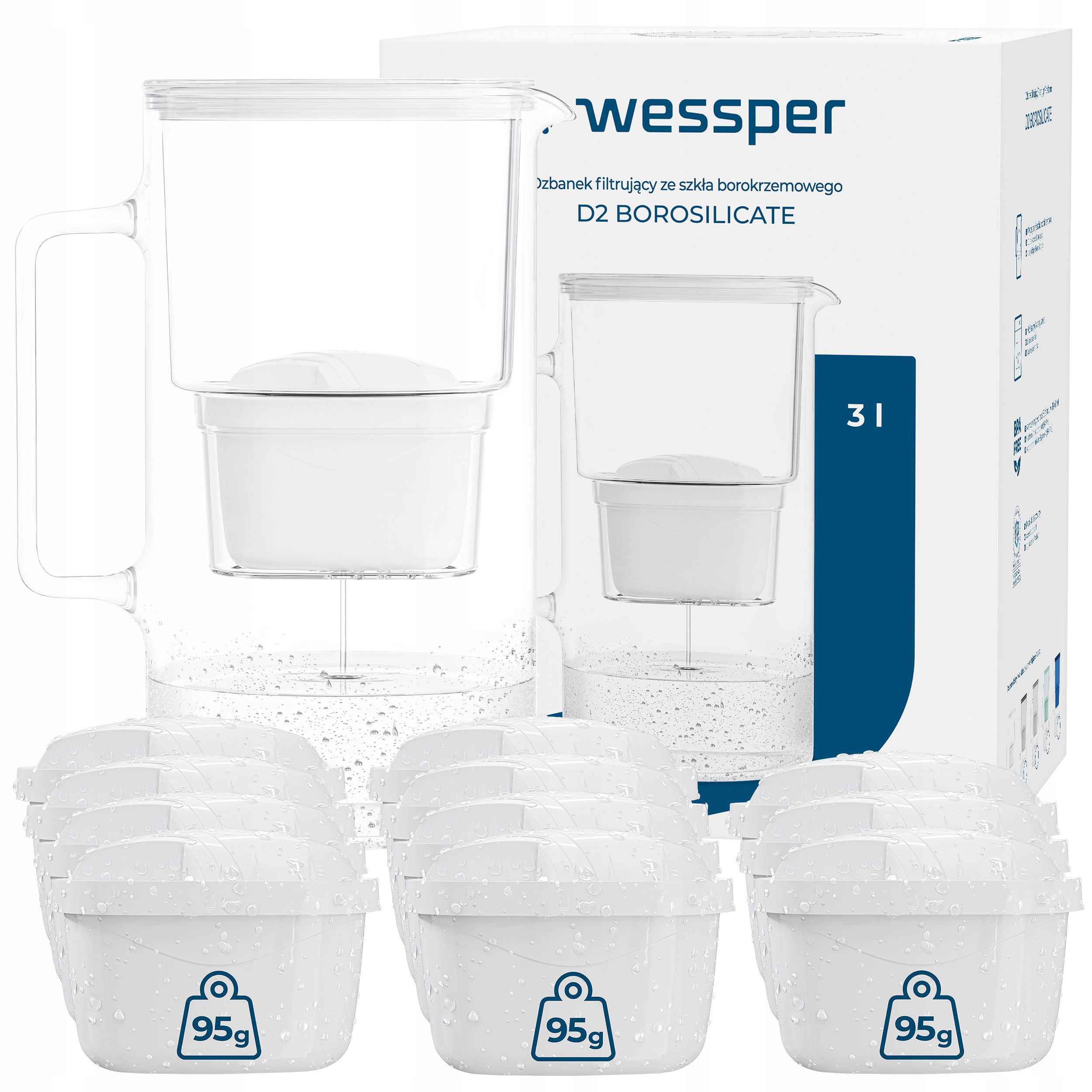 Skleněná filtrační konvice Wessper D2 Borosilicate 3l bílá 12x filtr