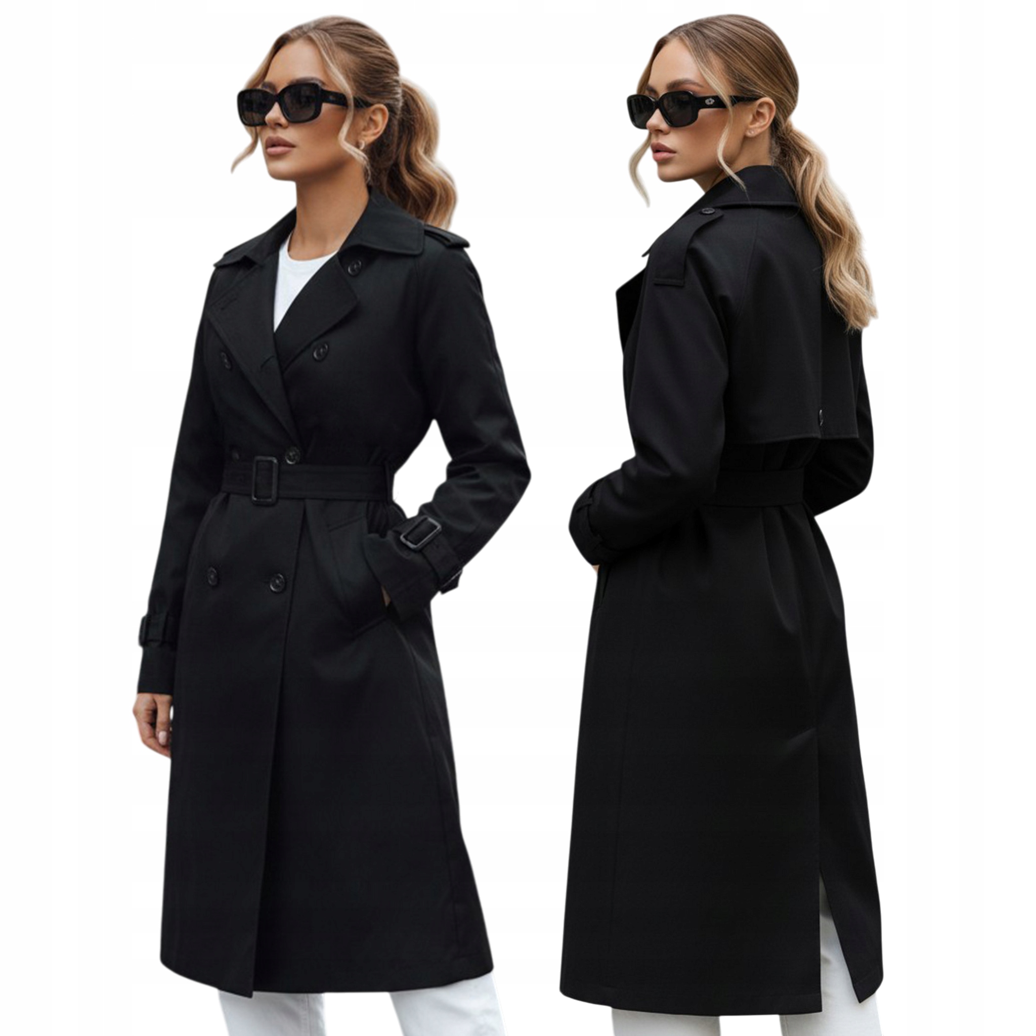 Długi trencz damski dwurzędowy bez kaptura czarny TY5437 L