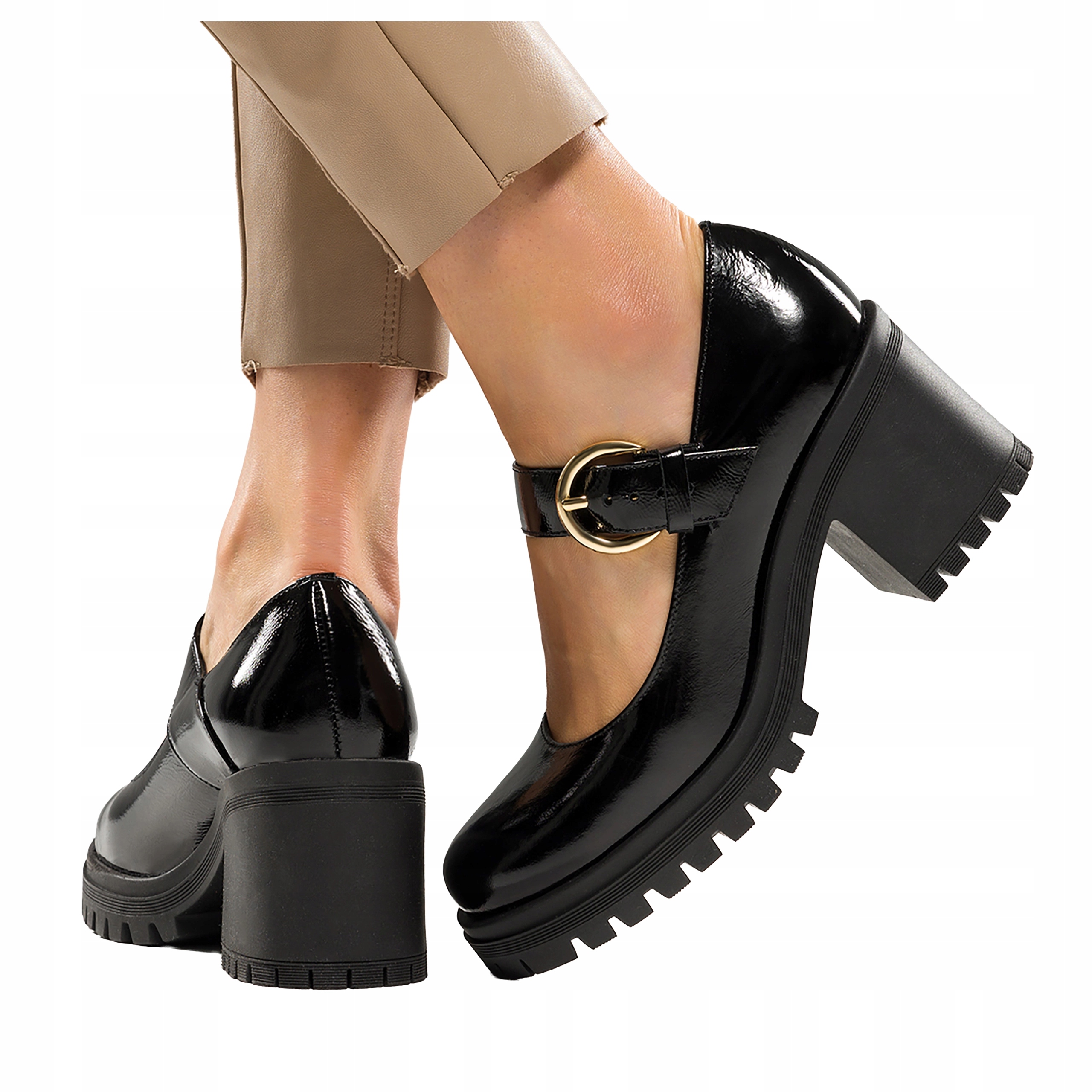 Černé dámské kožené lakované Polobotky Mary Jane na platformě, velikost 41
