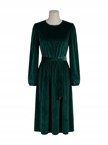 Deafox Zelená Velurová Šaty S Páskem A Dlouhým Rukávem M Opa