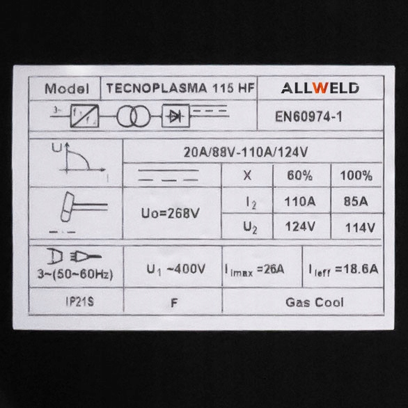PRZECINARKA PLAZMOWA PLAZMA IDEAL TECNO PLASMA 115 HF ALU CNC IGBT 400V Czas cyklu pracy 60%