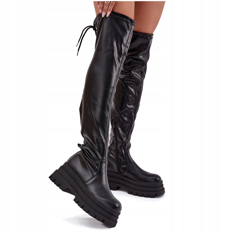 Dámské Eko Kožené Kozačky Na Zip Za Koleno, Masivní Platforma, Černé, Velikost 39