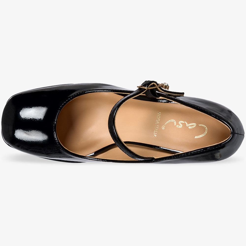 CZÓŁENKA DAMSKIE LAKIEROWANE BUTY NA OBCASIE KLOCKU Z PASKIEM OZDOBA r 38 Długość wkładki 24.5 cm