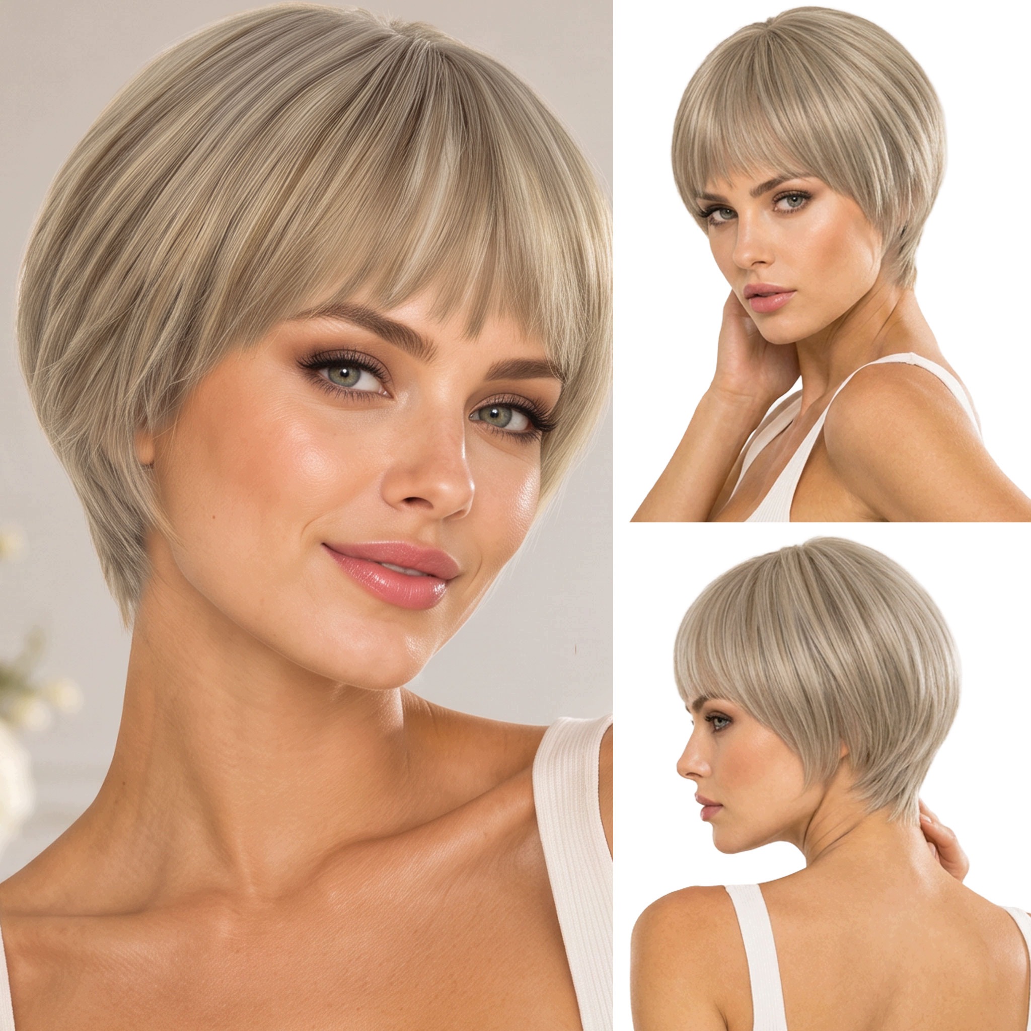 Peruka Syntetyczna Pixie cut krótka prosta z grzywką lekka chłodny blond
