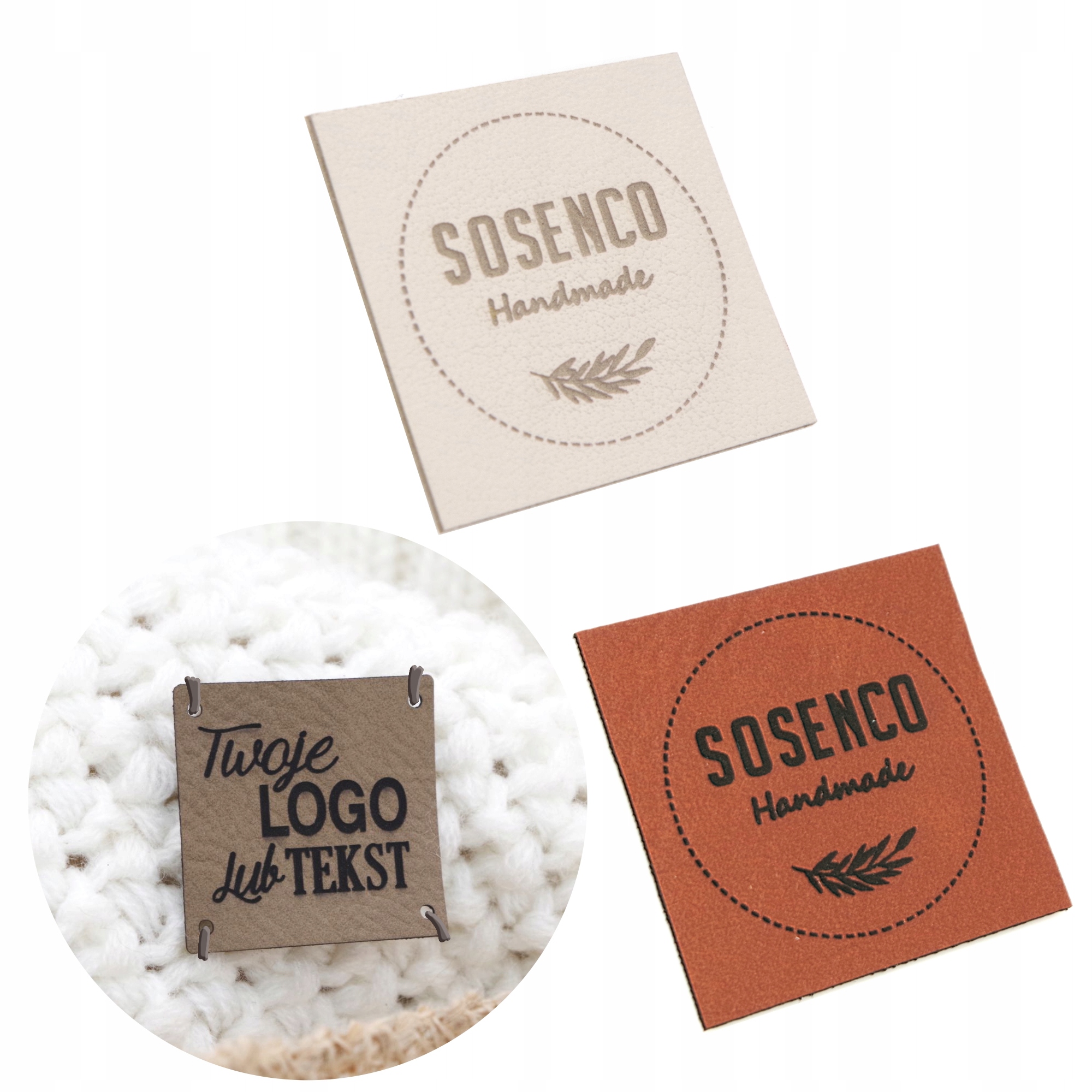 Eko kůže 25x25mm s vaším logem/textem 100ks ve 2 barvách Sosenco