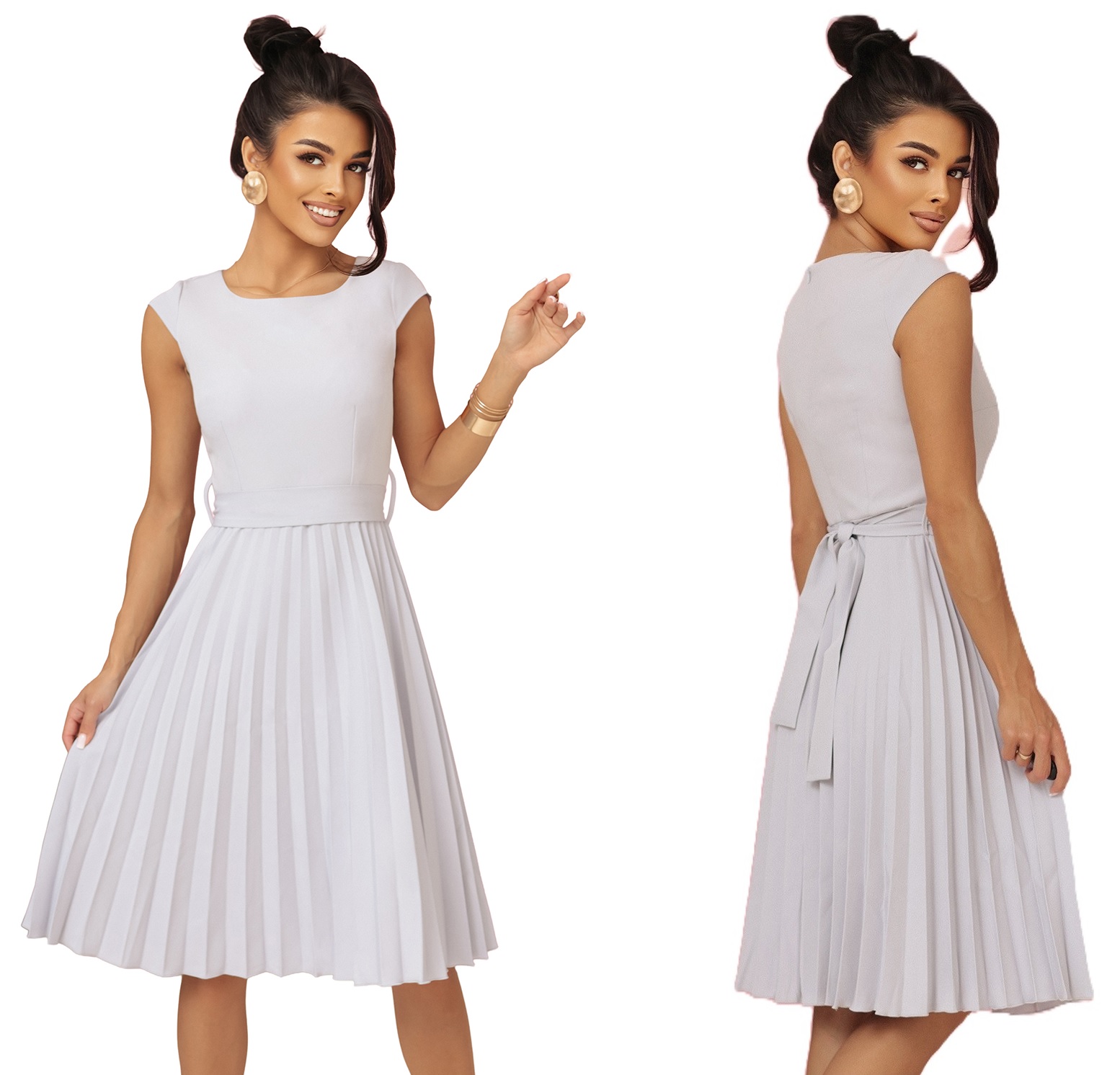 Krásné Plisované Šaty S Mašličkou V Pase, Krátký Rukáv, Šedá Barva S