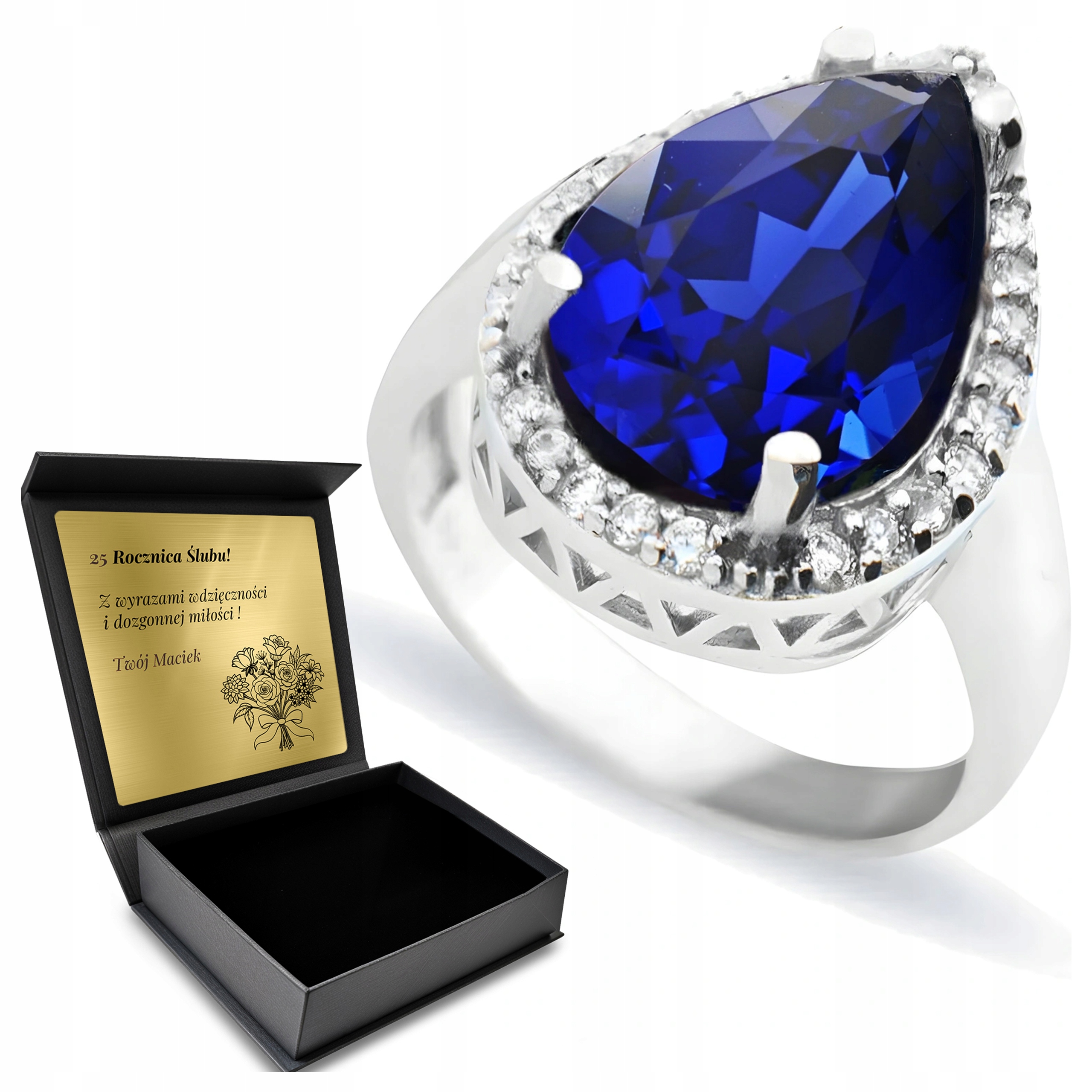 Prstýnek 925 Zirkony A Safír Dárek pro ženu Gravírování