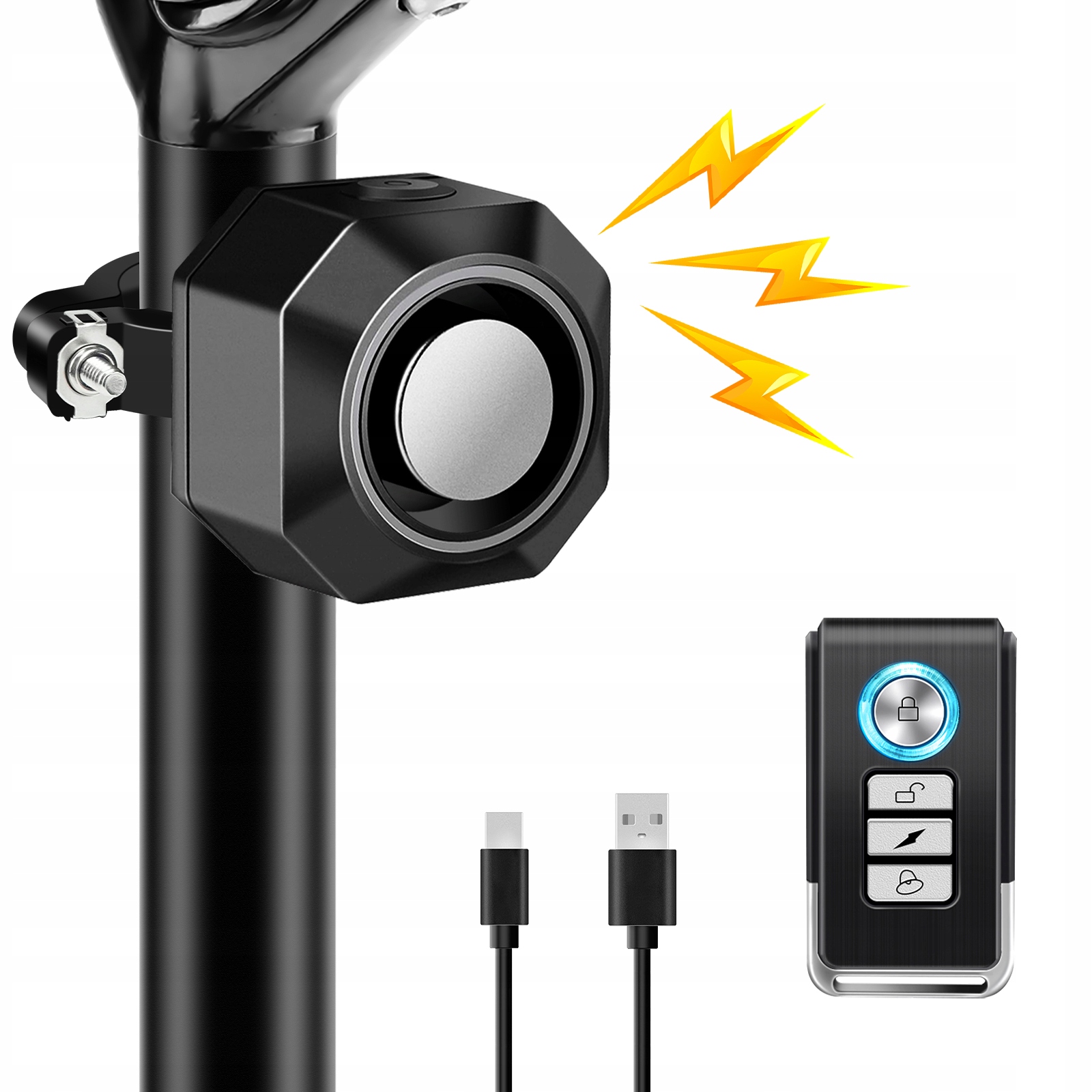Alarm rowerowy Usb z pilotem 110dB antykradzieżowy wodoodporny IP65