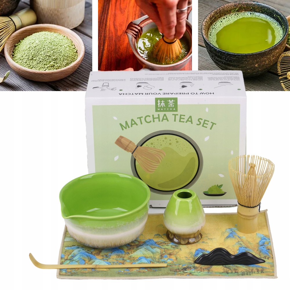 Levně Tradiční Keramická Matcha Sada S Krajinným Ručníkem, Zelená