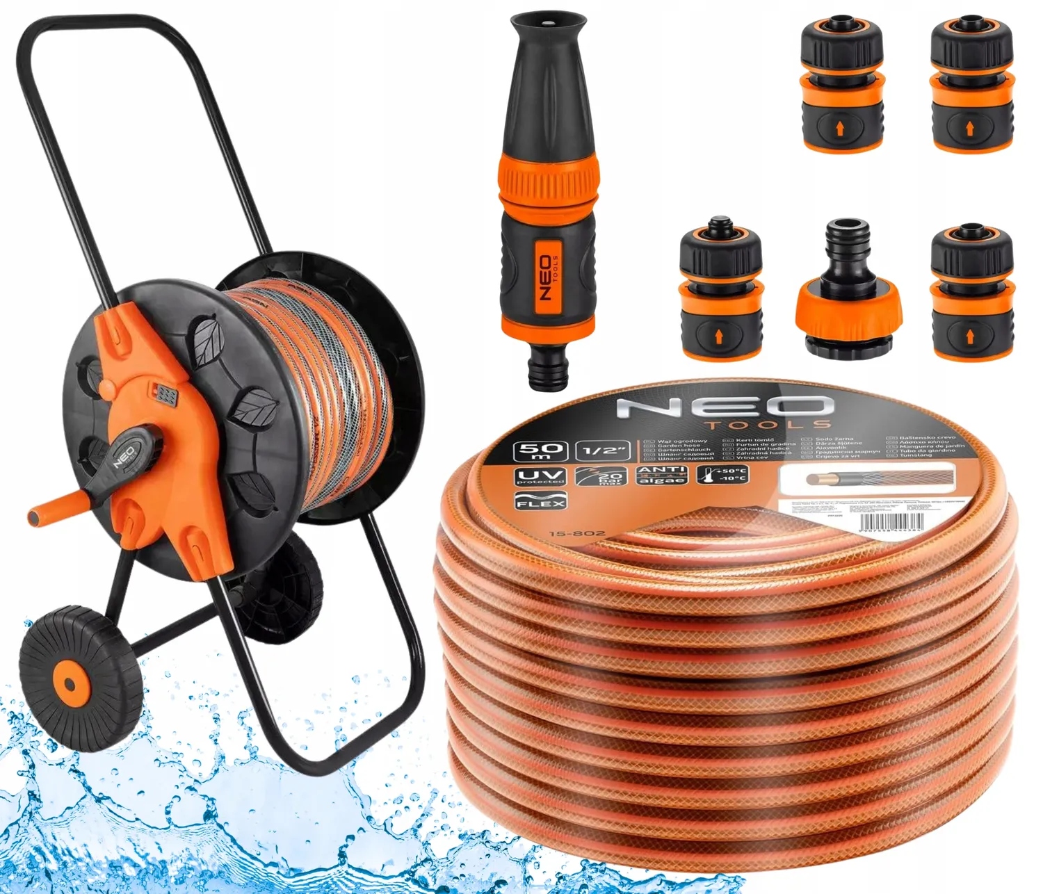 Neo Záhradná hadica Silná 50 m 1/2" bubon zavlažovač spojky, komplet