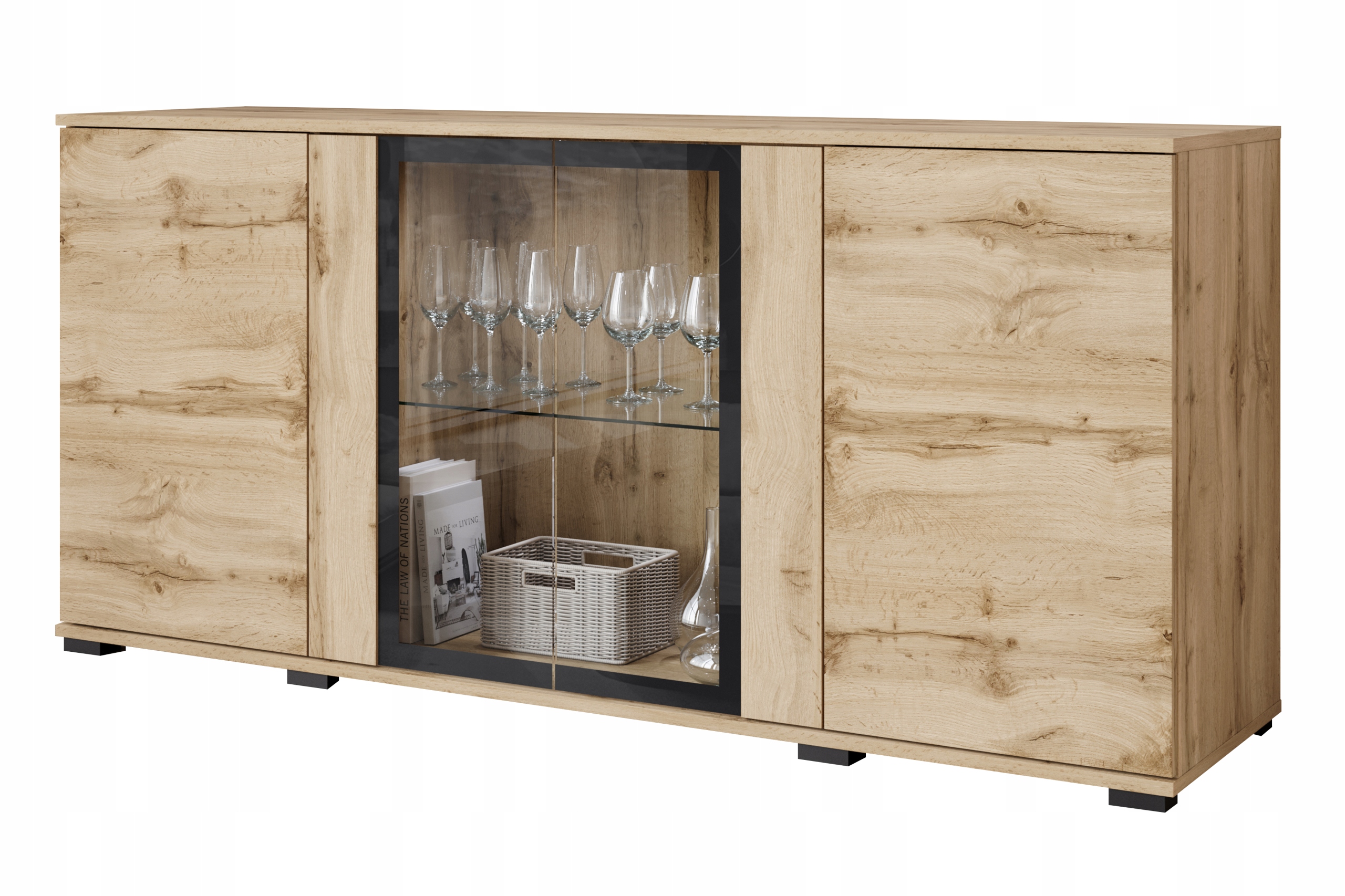 Moderní čtyřdveřová komoda Caro 150 cm, vitrína, skleněné police