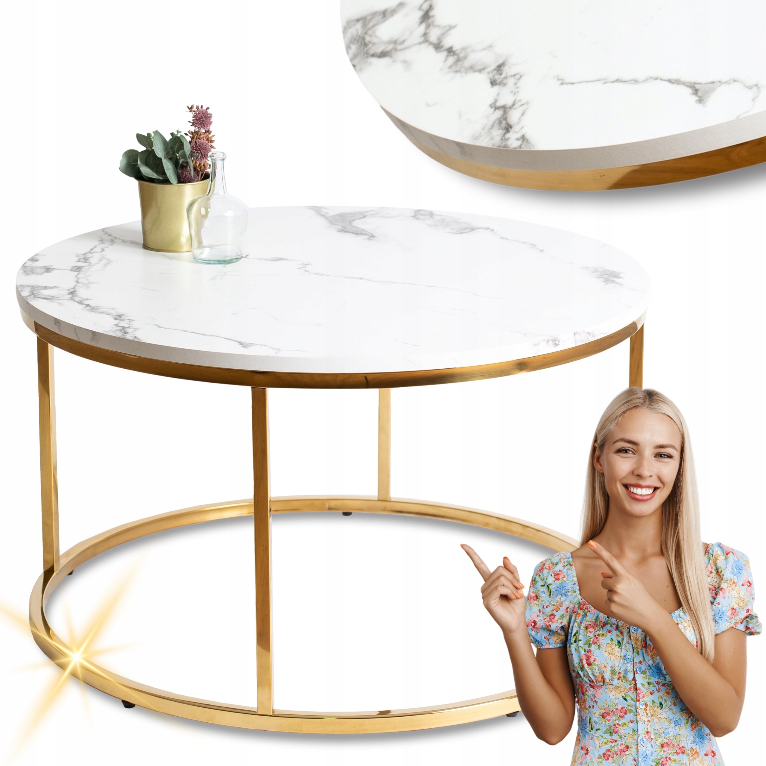 Sada konferenčního stolku Kulatý Glamour Lavička Bílý Mramor Zlatý Clif Max