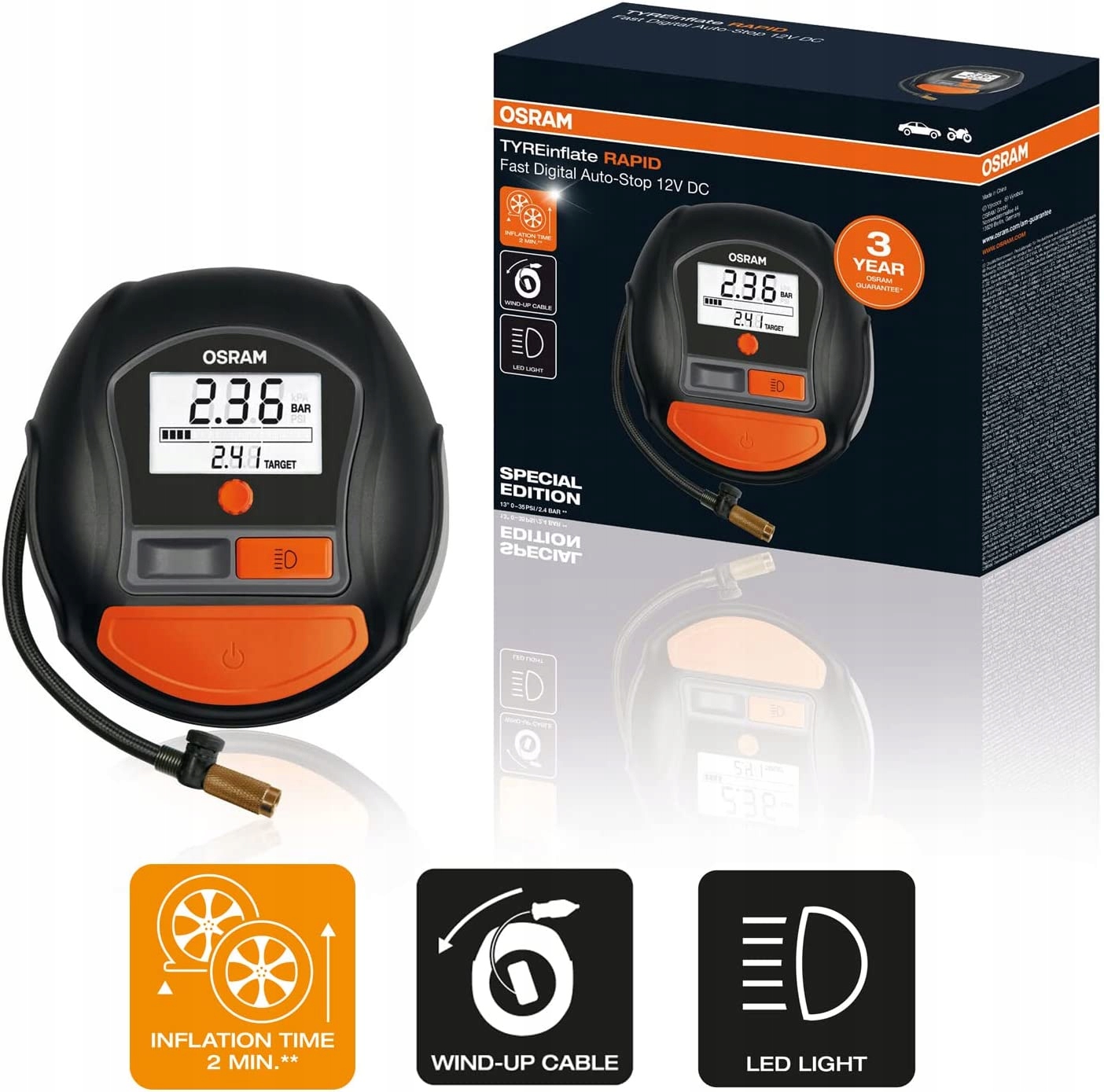 TYREinflate RAPID, cyfrowy kompresor powietrza 12 Waga produktu z opakowaniem jednostkowym 1 kg