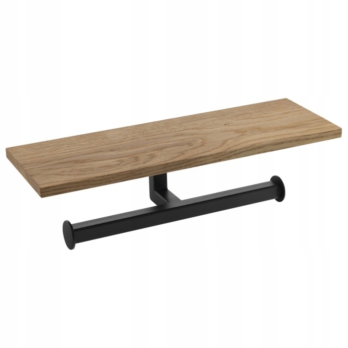 Ska dvojitý vešiak na toaletný papier s poličkou 30 cm, čierny mat/dub