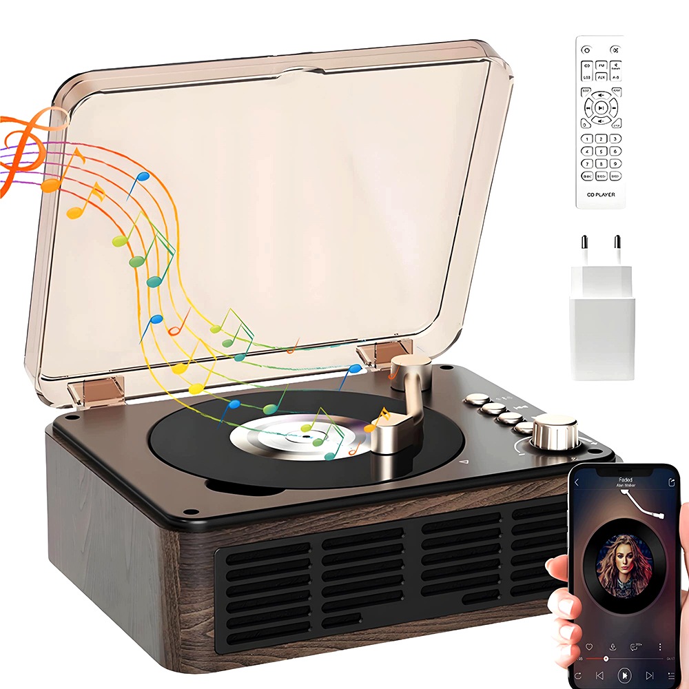 CD Přehrávač Retro Bluetooth 5.0 Fm Rádio Reproduktory Usb Aux MP3 Wma Dálkové Ovládání