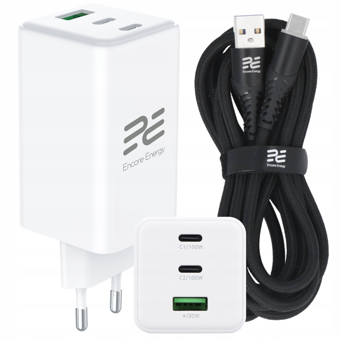Rychlá nabíječka GaN 3x Usb Qc Pd Usb-c Usb-a 100W kabel Encore Energy 2 m