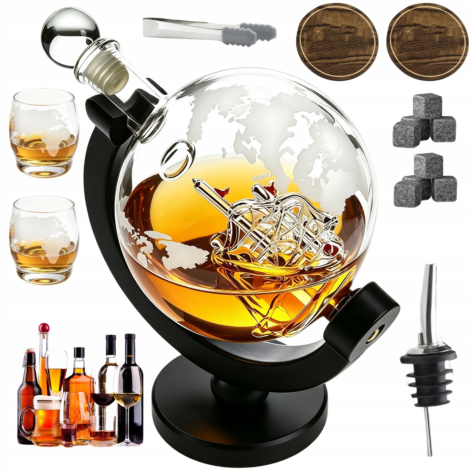 Sada Na Whisky 2 Sklenice Kameny Karafa Globus 900ML Dárek Elegantní