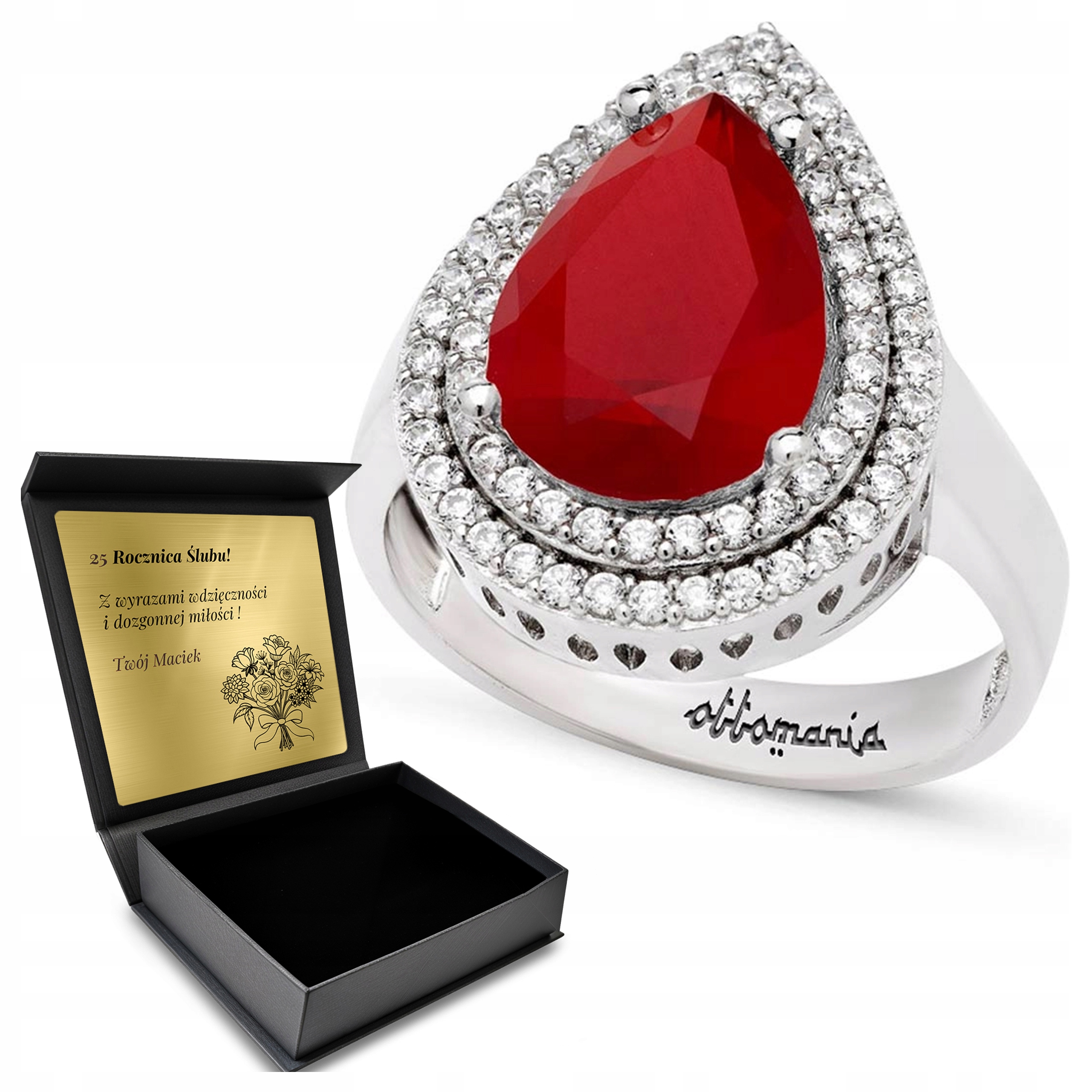 Prstýnek 925 Zirkony Rubín Dárek na Valentýna Gravírování