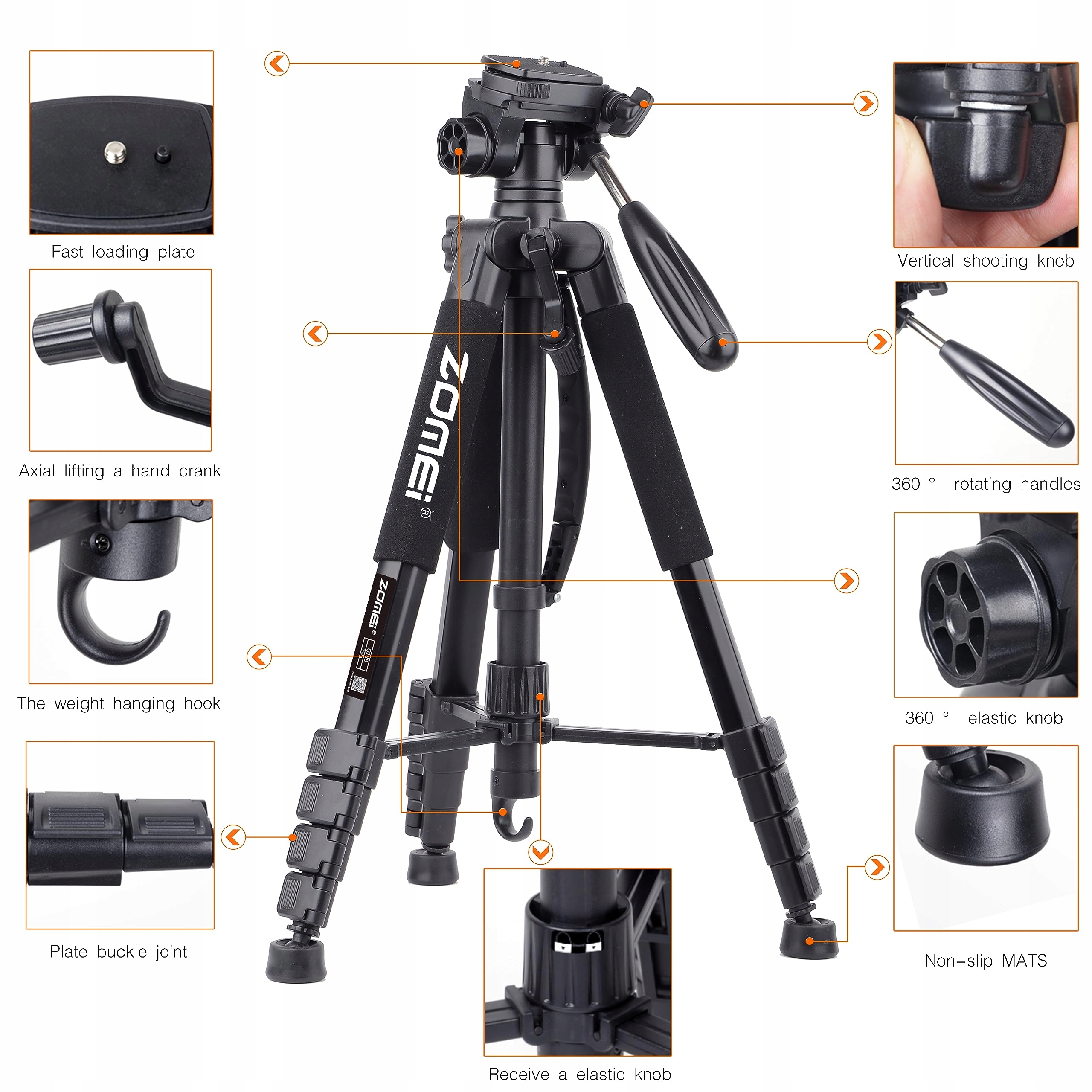 ZOMEI Profesjonalny Statyw Podróżny 188cm Do DSLR/Telefonów/Projektorów — miniatura 5