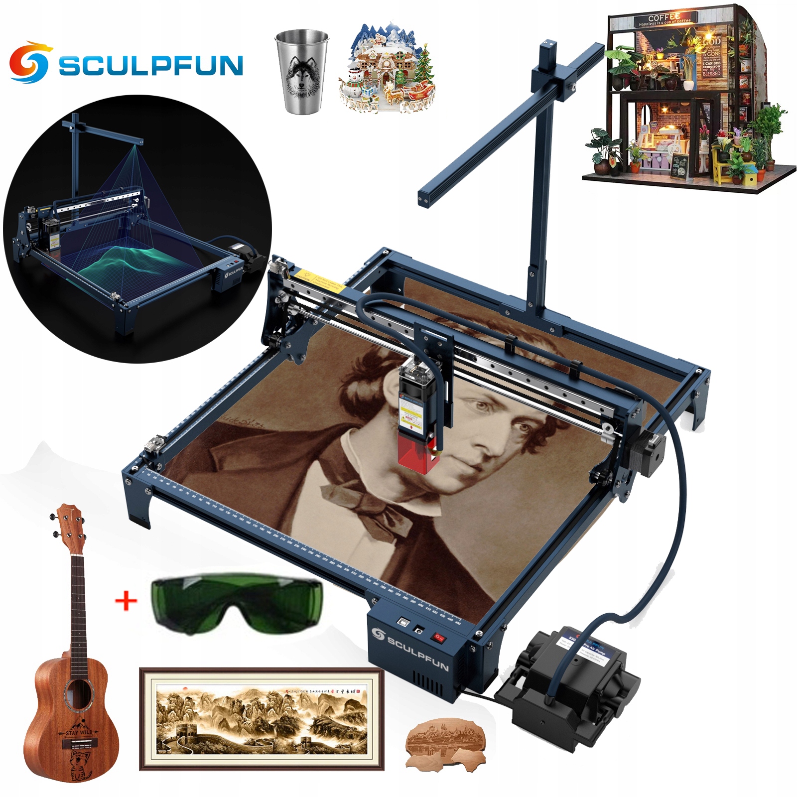 Laserové gravírování Sculpfun S30 Ultra 33W-36W sada videokamer 165W 600*600