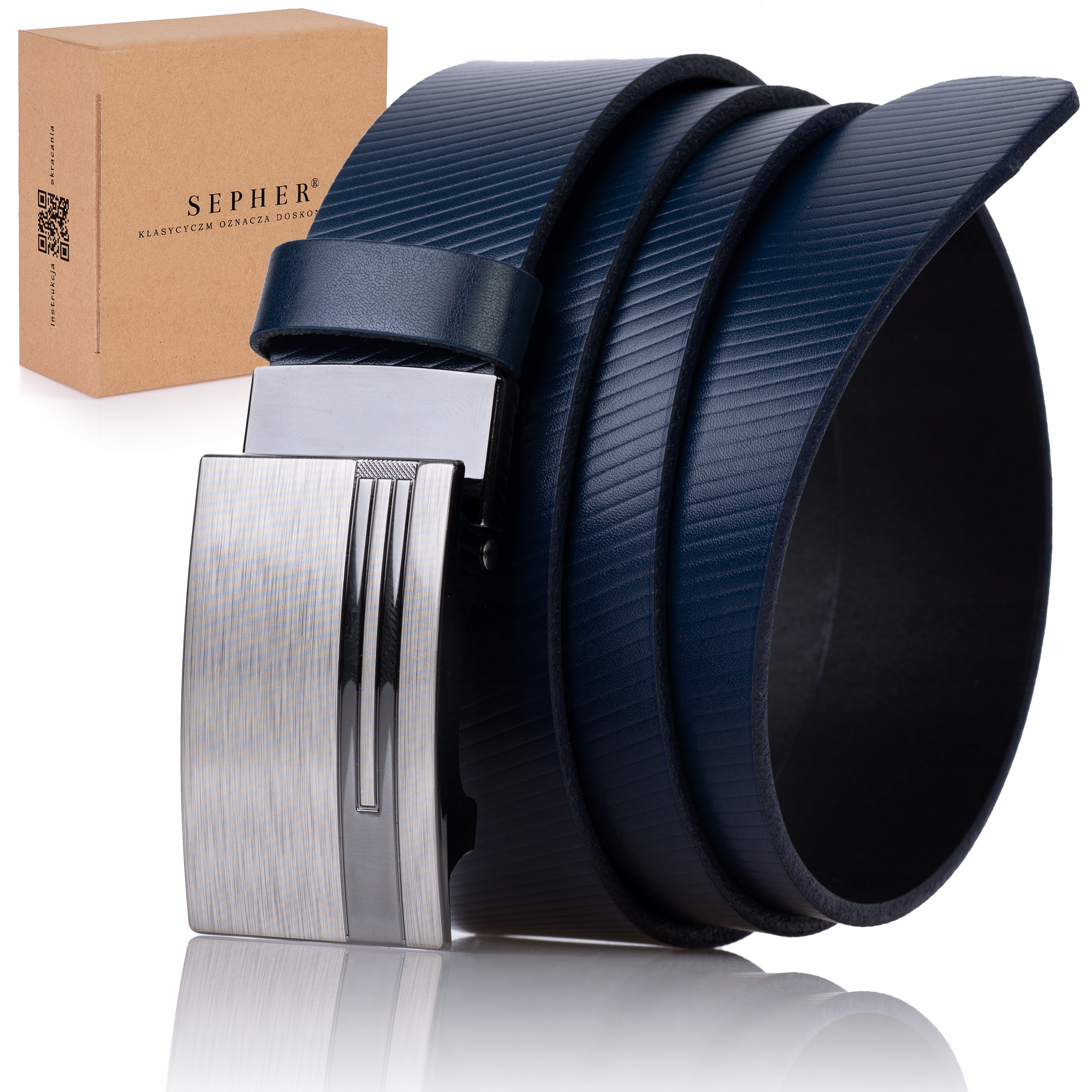 

Pasek Skórzany męski Granatowy tłoczenie Automat