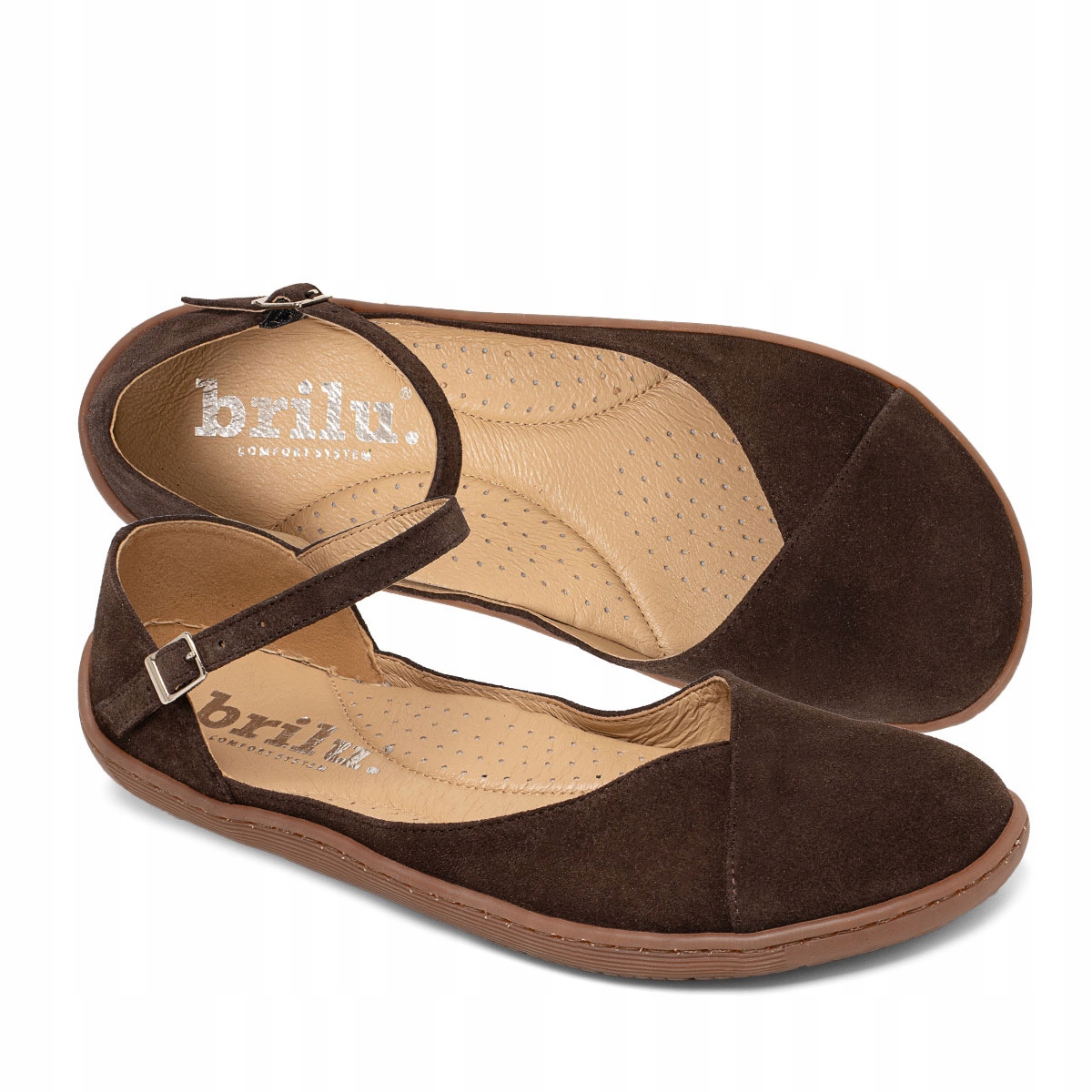 Brilu Polskie Skórzane Baleriny Z Paskiem Barefoot Ellen Czekolada 39