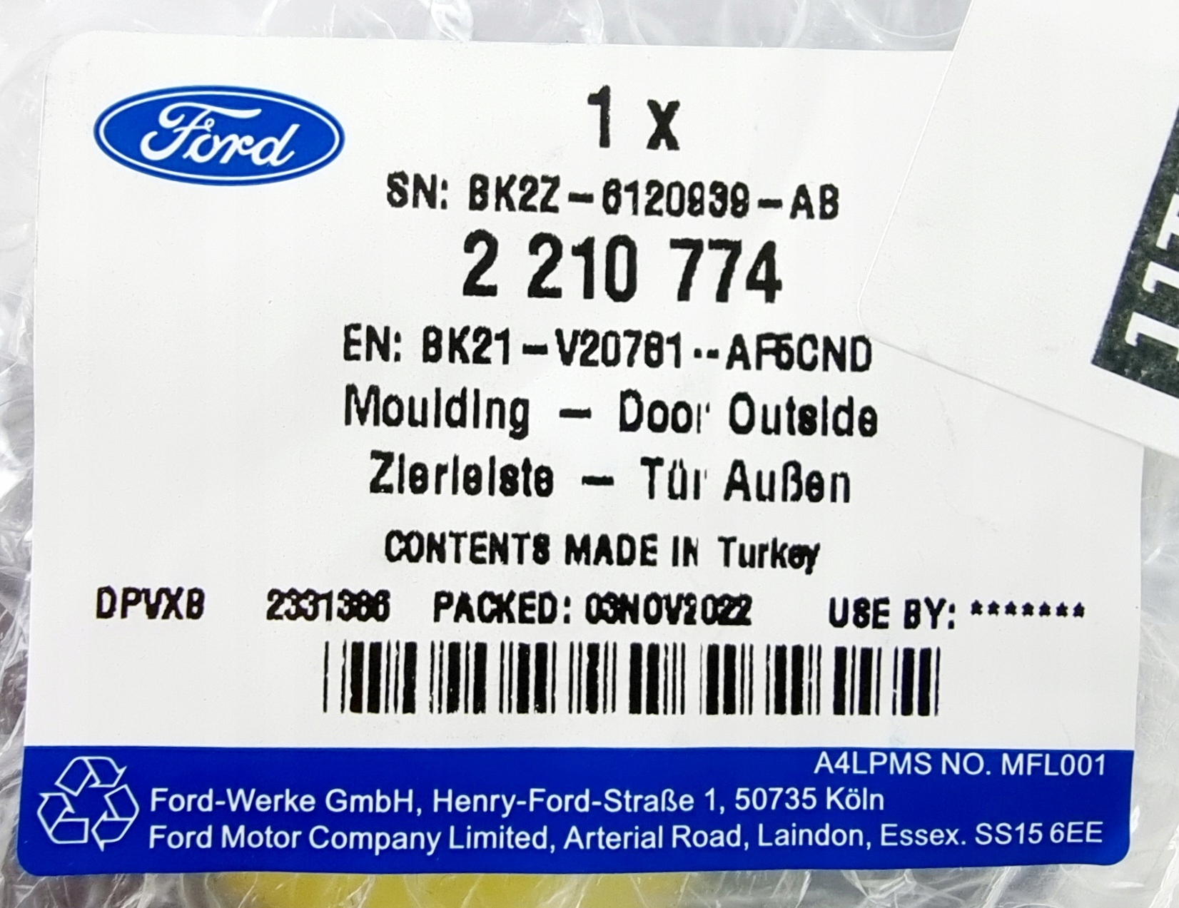 LISTWA ZEW. DRZWI PRZÓD L.TRANSIT/TOURNEO CUSTOM Stan opakowania oryginalne