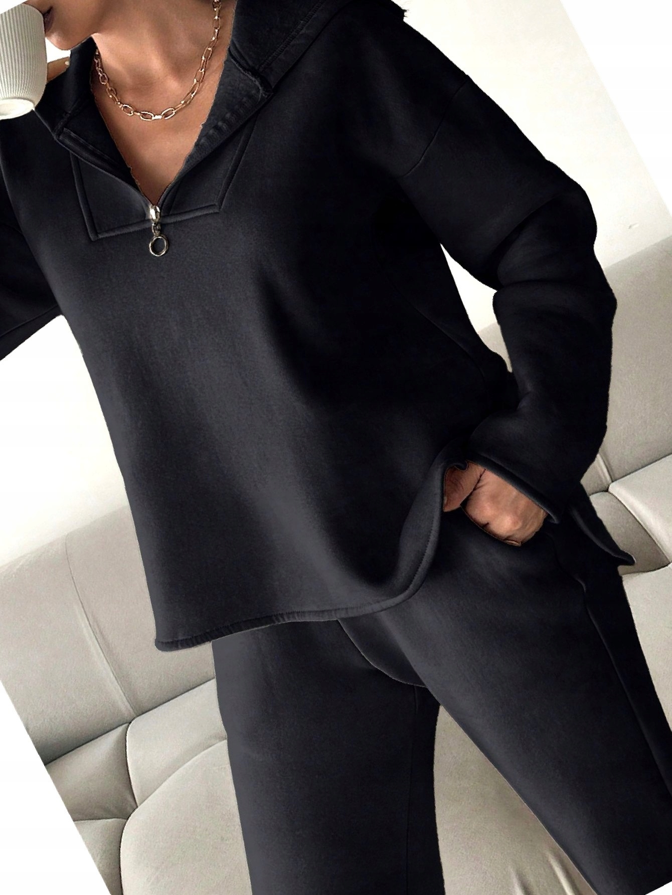 Teplákovka Dámský Každodenní Černý Komplet S Kapucí Zateplený M 38