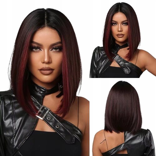 Černá paruka bob na ramena s vínovým čelem a syntetickými odlesky