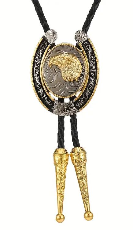 Bolo podkova se zlatými špičkami a hlavou orla kravata pletenina kůže příroda