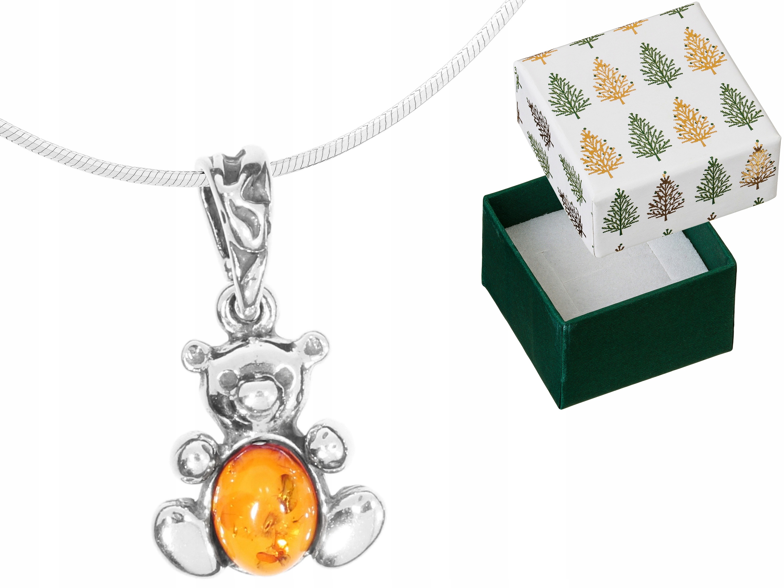 Malý stříbrný náhrdelník Medvídek s jantarem a medvídkem Jantarový Medvídek 925 45 cm