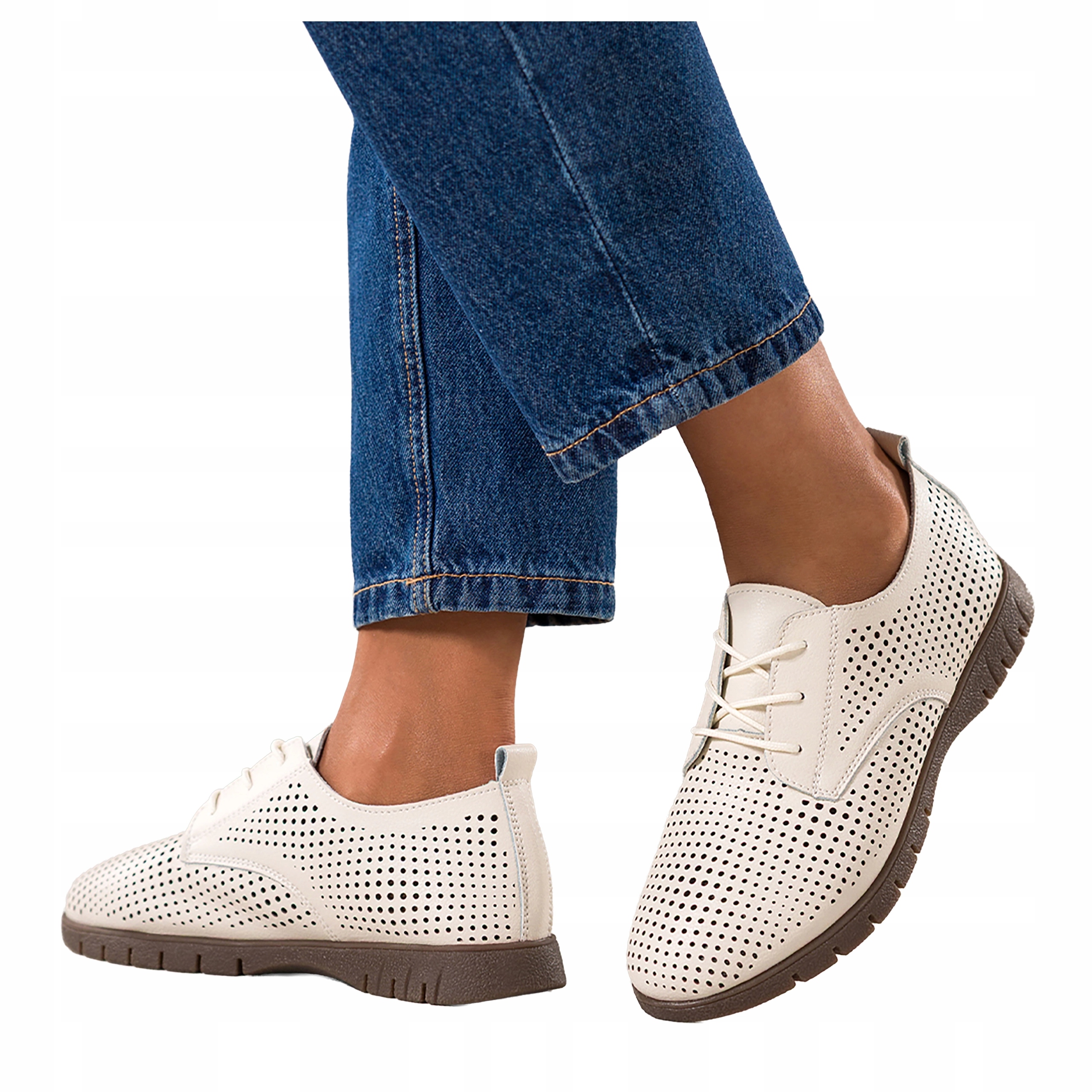 Polobotky Béžové Dámské Kožené Ažurové Šněrovací Elastická podrážka r 38