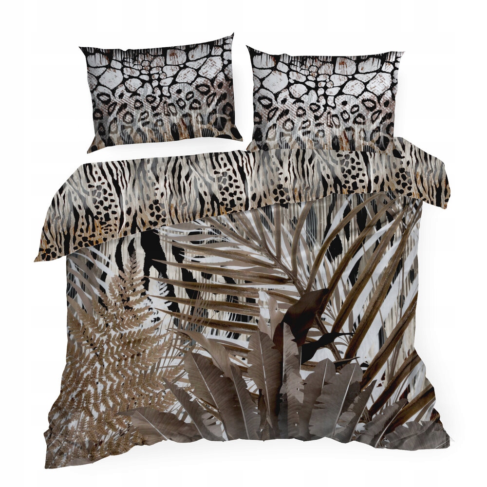 Posteľná Bielizeň saténová 220x200 Eva Minge hnedá béžová čierna s bodkami listy