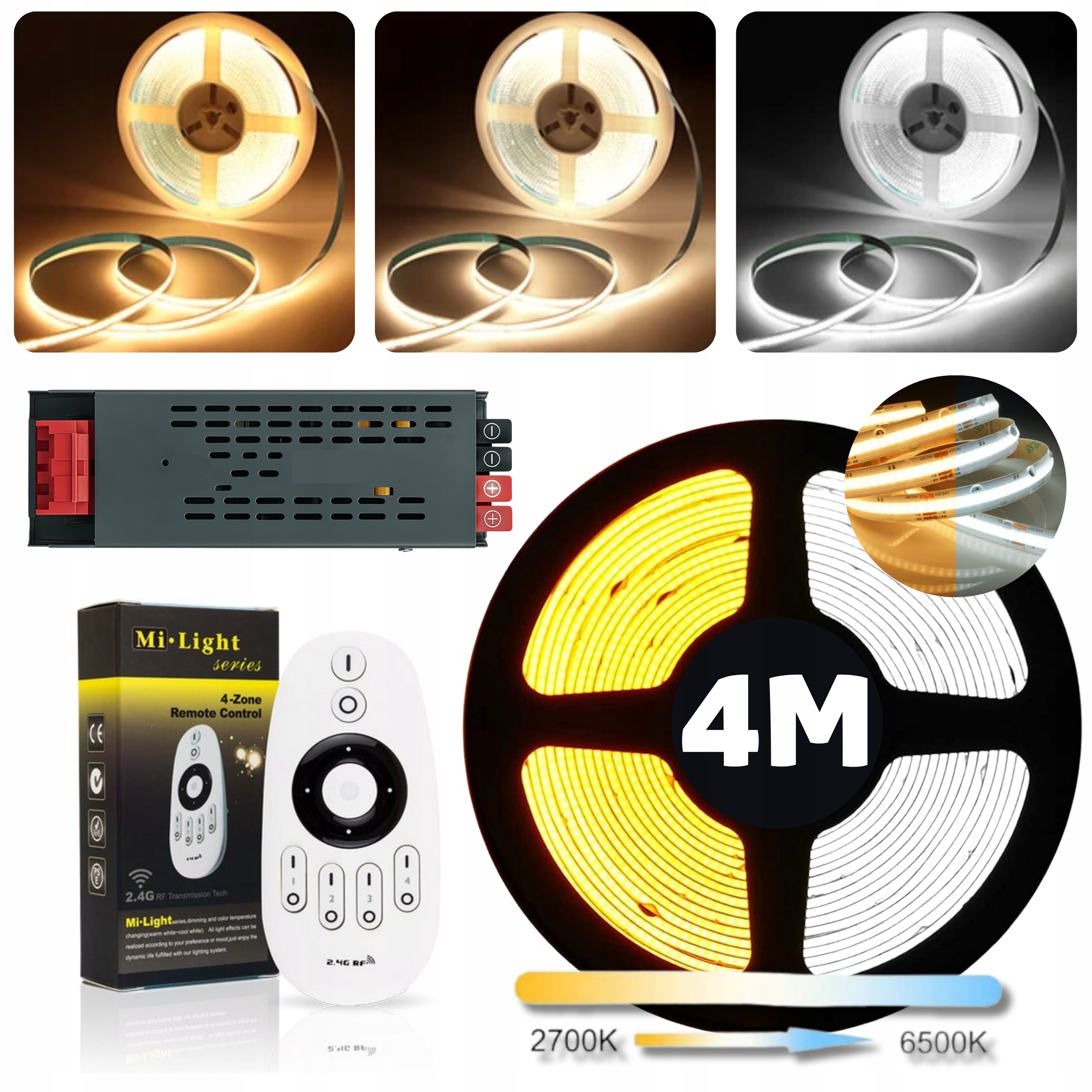 Set Teplo-studená Led páska Cob Cct 3000-6500K 24V 14W/m, kontinuální vedení 4 m